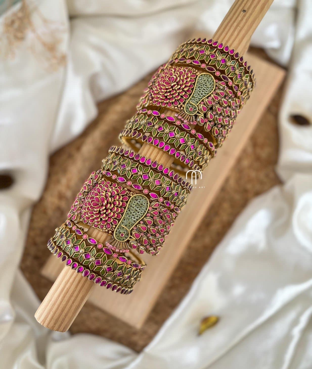 Peacock Style – Olive green & Rani pink Kundan Bangles from Bangle by Choice