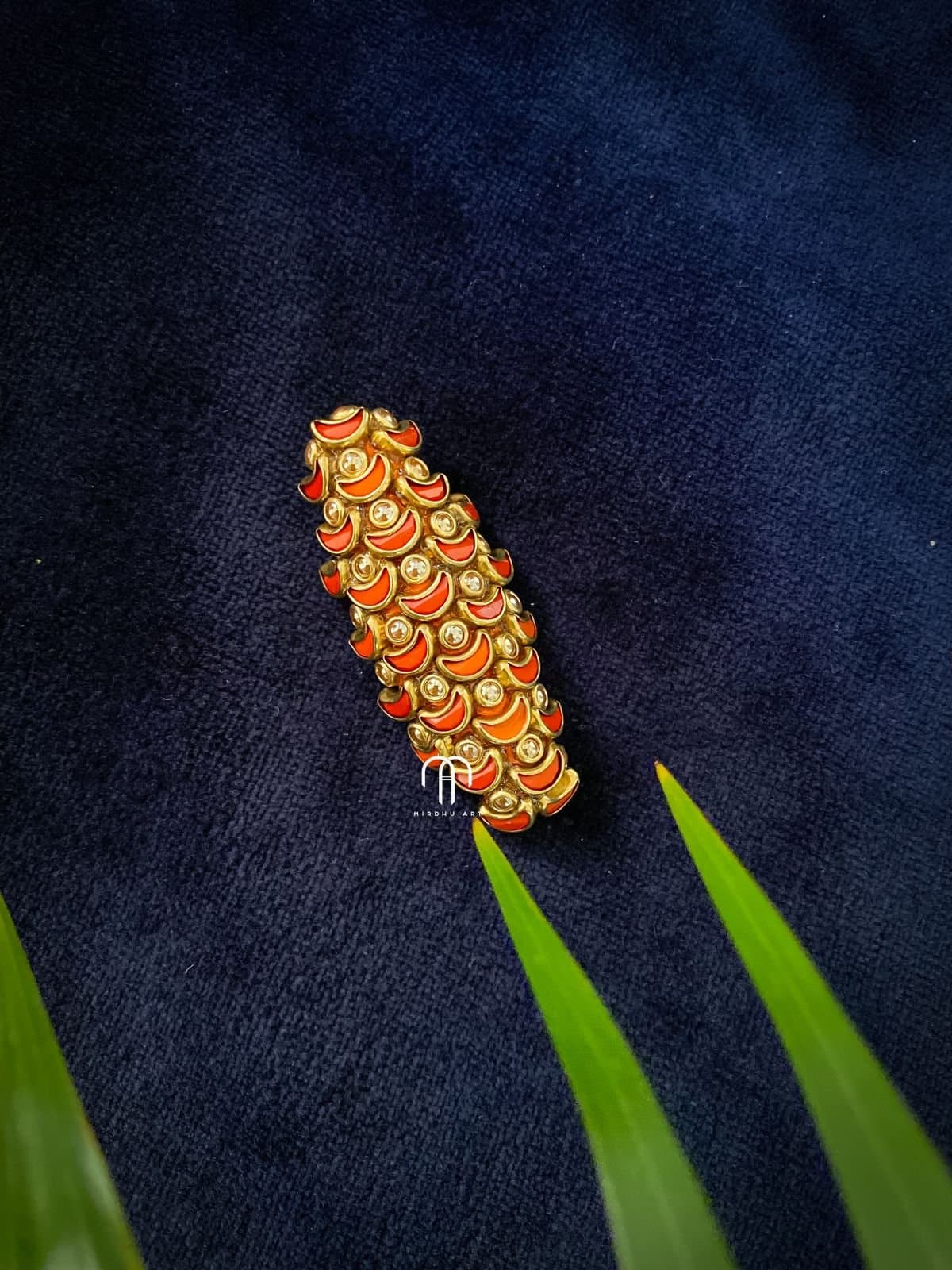 Saree Pins – orange moon with golden pearl dots from Bangle by Choice