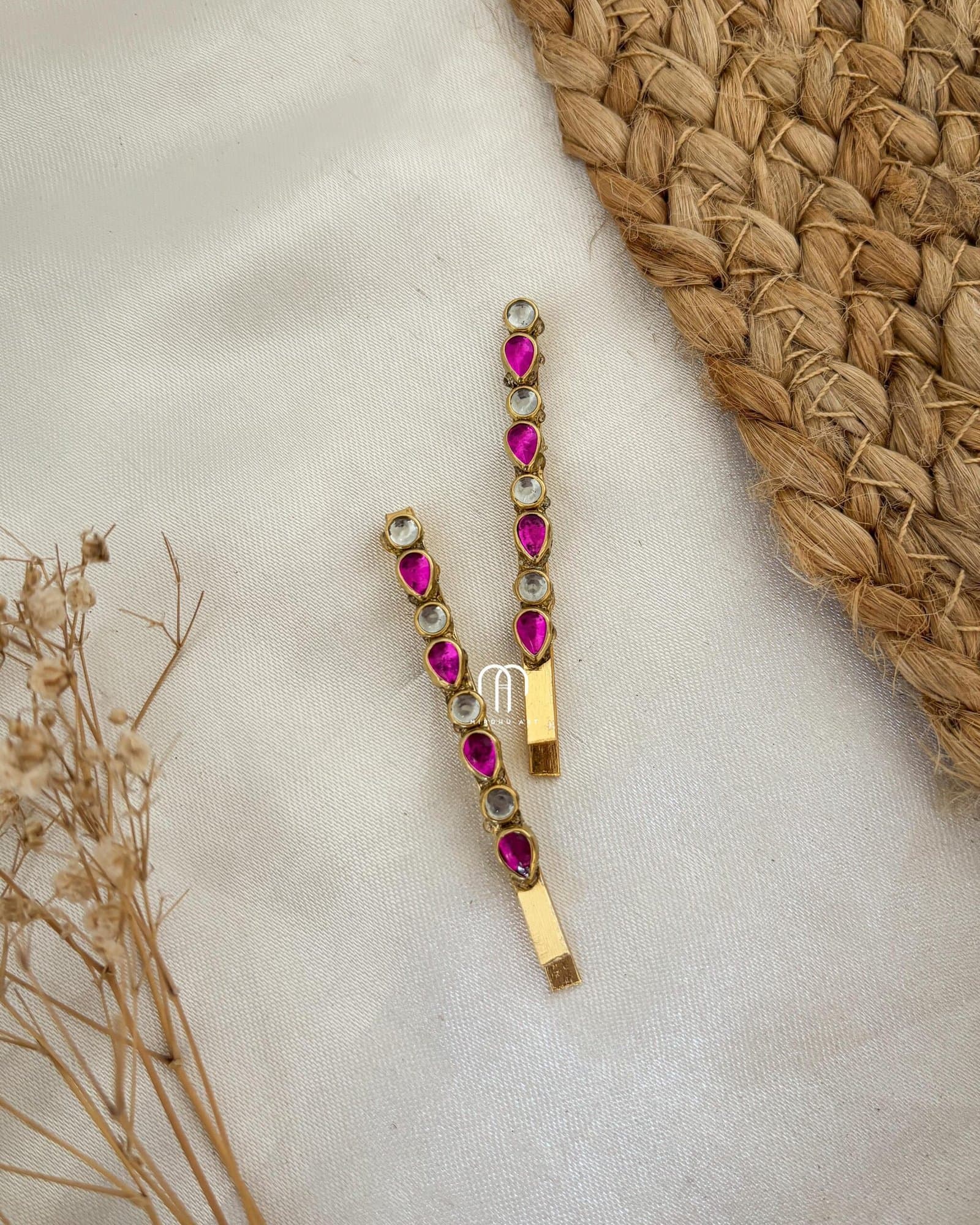 Hair Pins – Rani Pink Thilagam & white stone round from Bangle by Choice