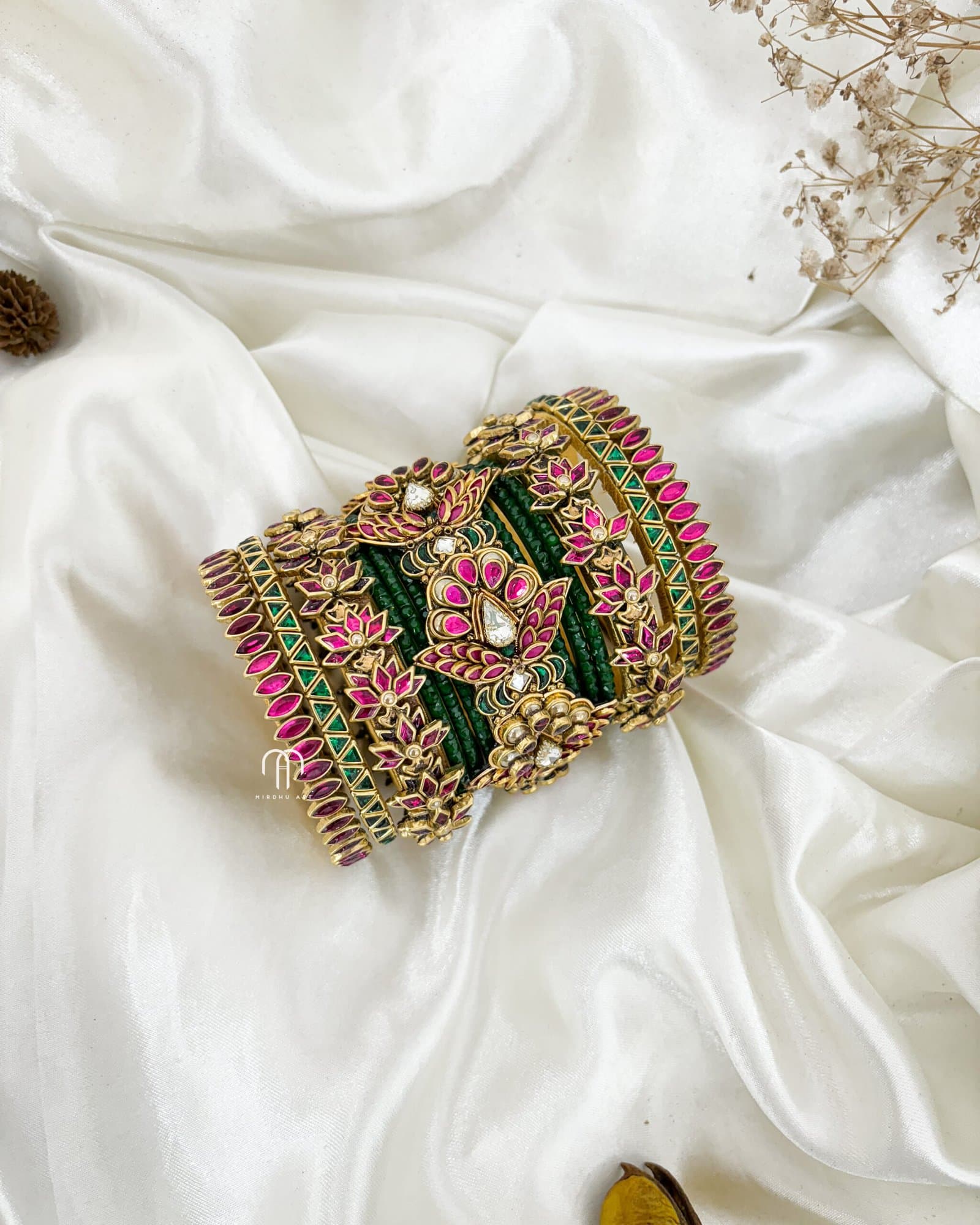 Kundan Bangles – 3D Blossom Statement with lotus Kada (Pink & Green) from Bangle by Choice