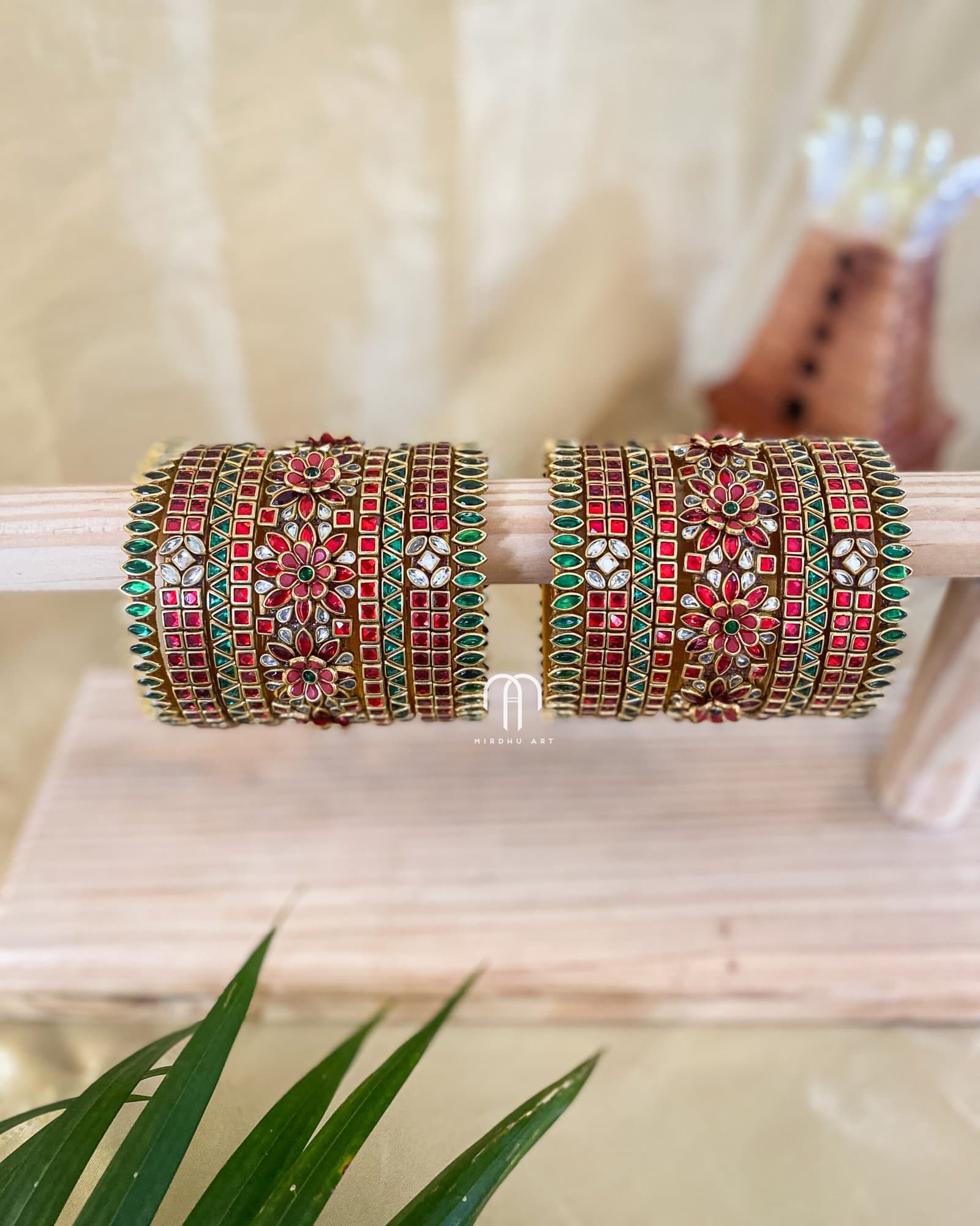 Kundan Bangles – Red & Green 3D Flower Bangle set from Bangle by Choice