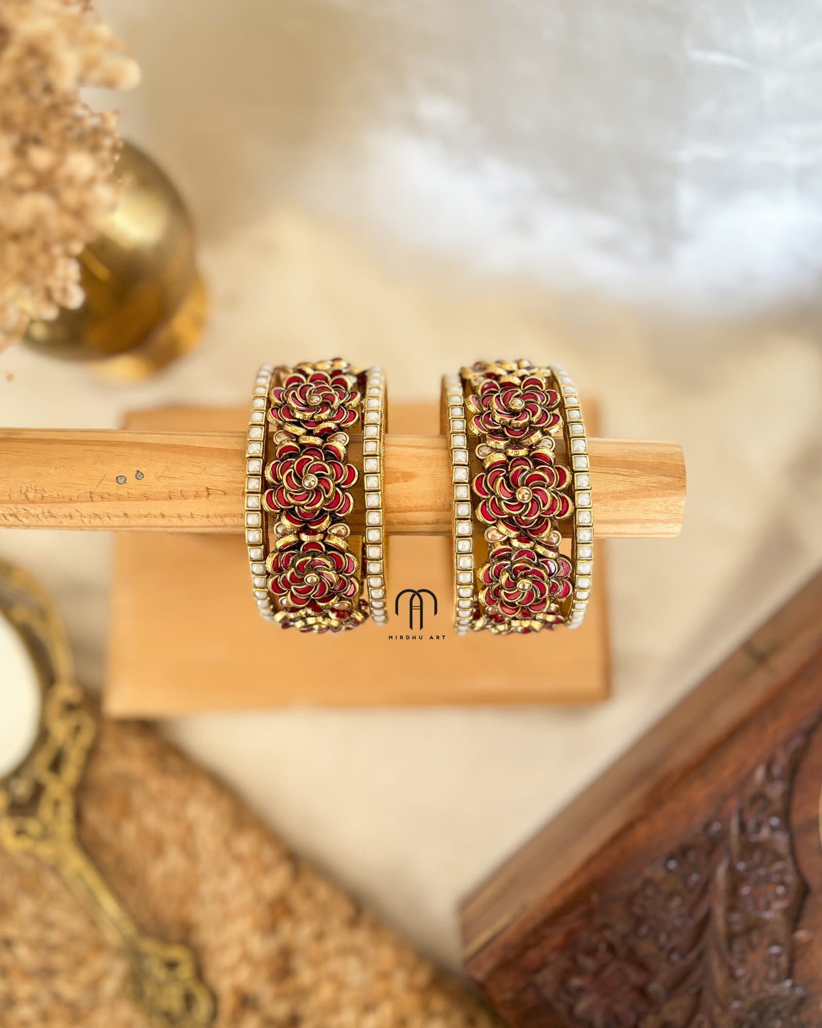 Kundan Bangles – Red & White Pearl Simple set from Bangle by Choice