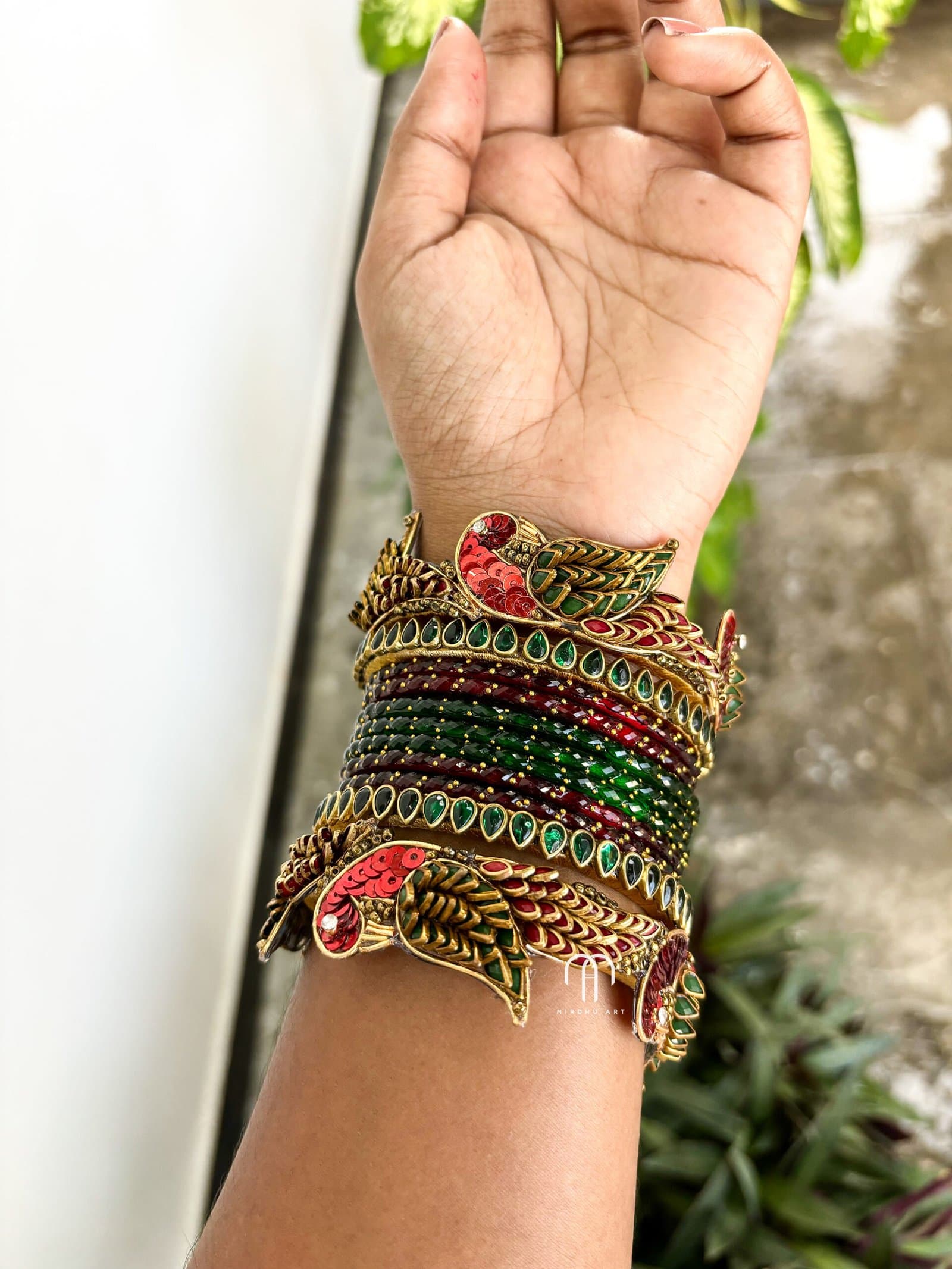 Kundan Bangles – Maroon & Green Parrot style (with glass Bangles) from Bangle by Choice