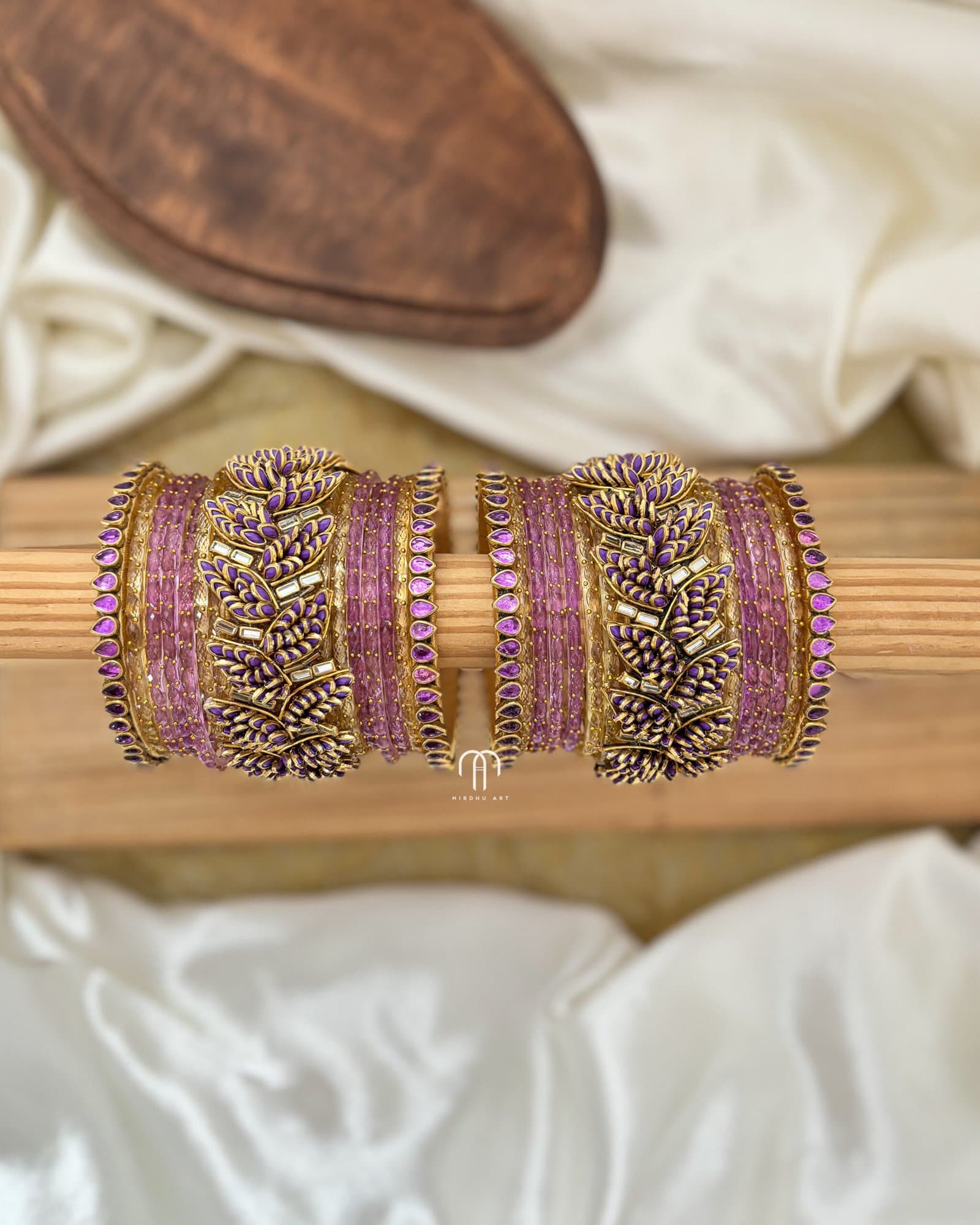 Kundan Bangles – Lilac & Golden Leaf style (with glass Bangles) from Bangle by Choice