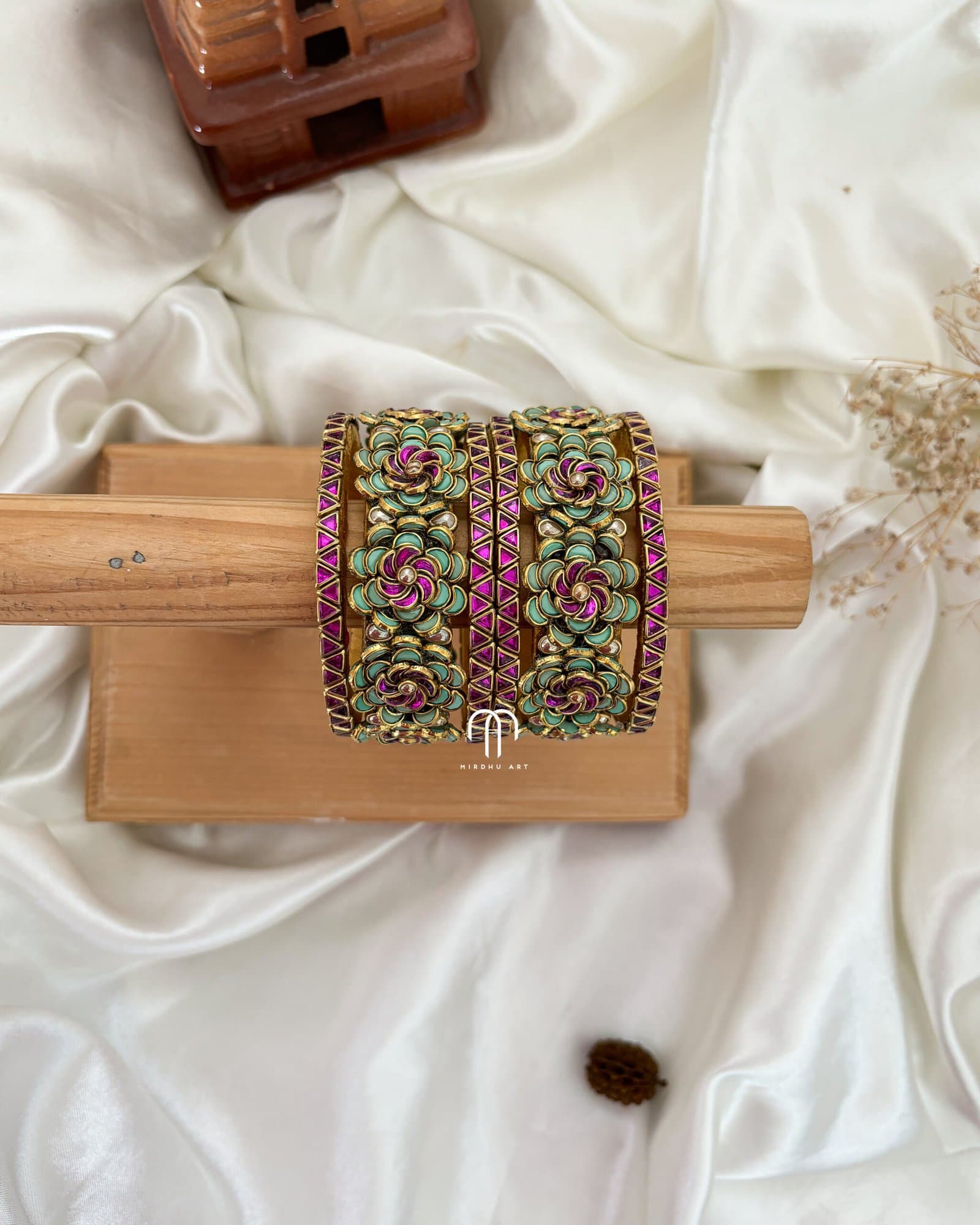 Kundan Bangles – Rose (Turquoise Green & Rani Pink) from Bangle by Choice