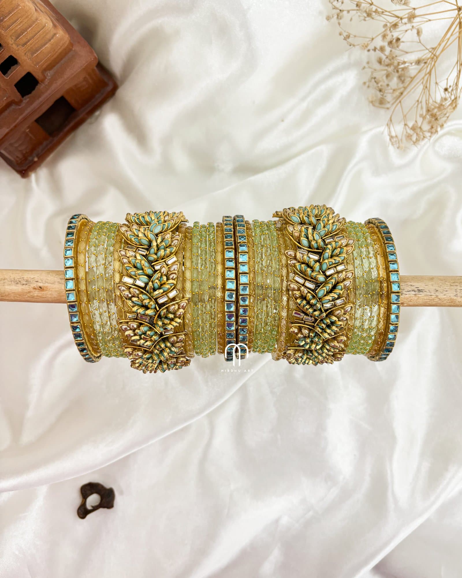 Kundan Bangles – Leaf style Bangles (Sky blue & Golden) from Bangle by Choice