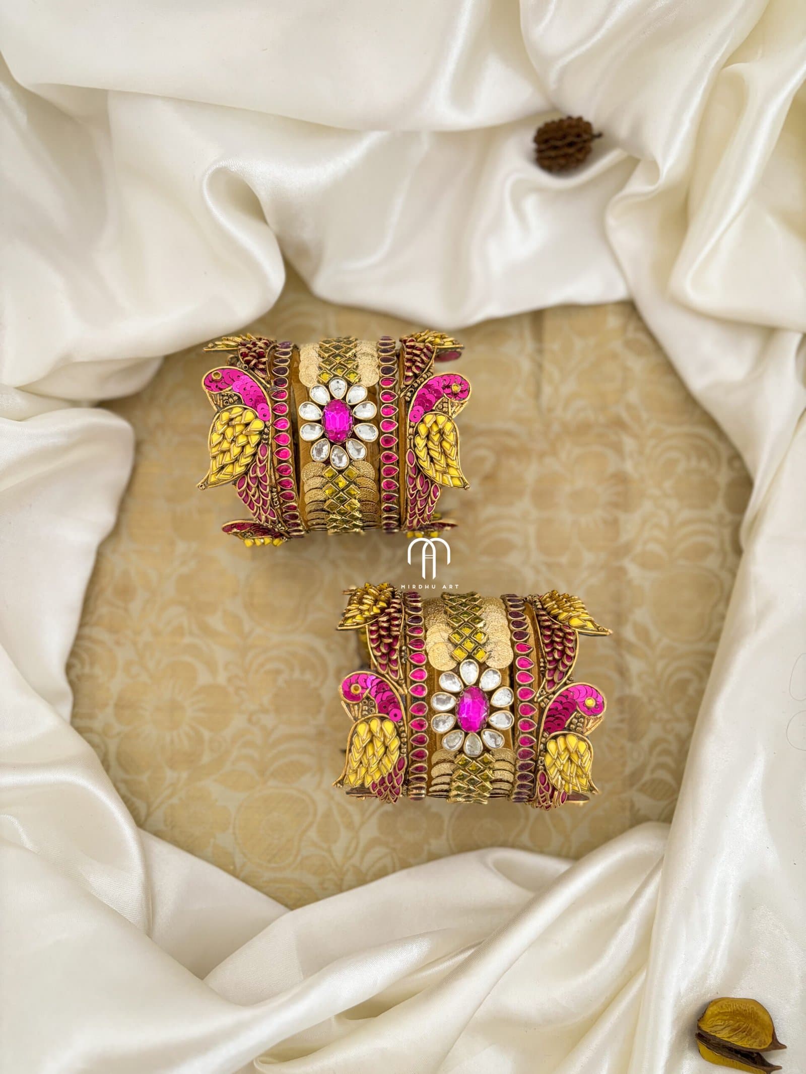 Kundan Bangles – Parrot style Bangles (Yellow & Rani Pink) from Bangle by Choice