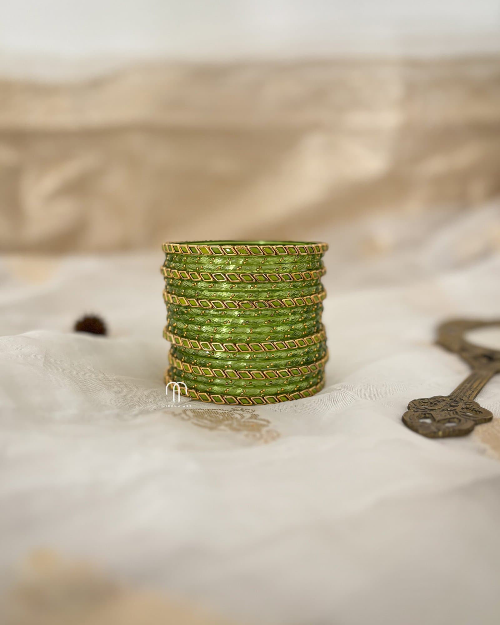 Glass Bangles – Olive Green (plain Dots & Kundan stone) Set from Bangle by Choice