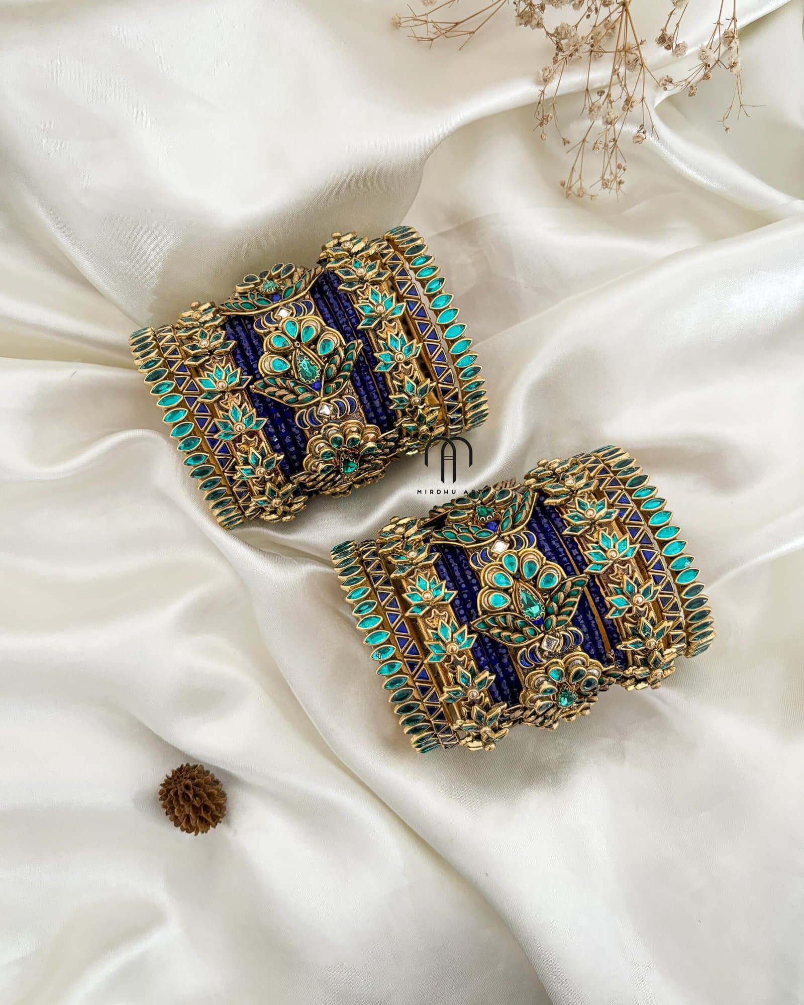 Kundan Bangles – 3D Blossom Statement with lotus Kada (Peacock Shades) from Bangle by Choice