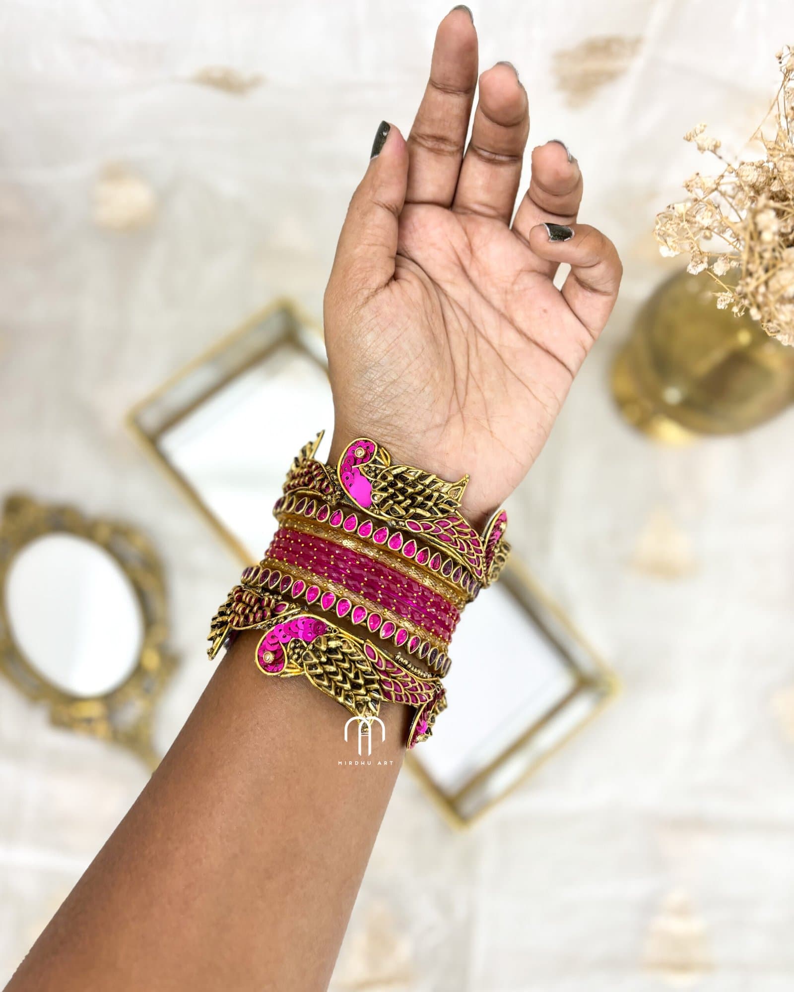 Kundan Bangles – Parrot style Bangles (Rani pink & Golden) from Bangle by Choice