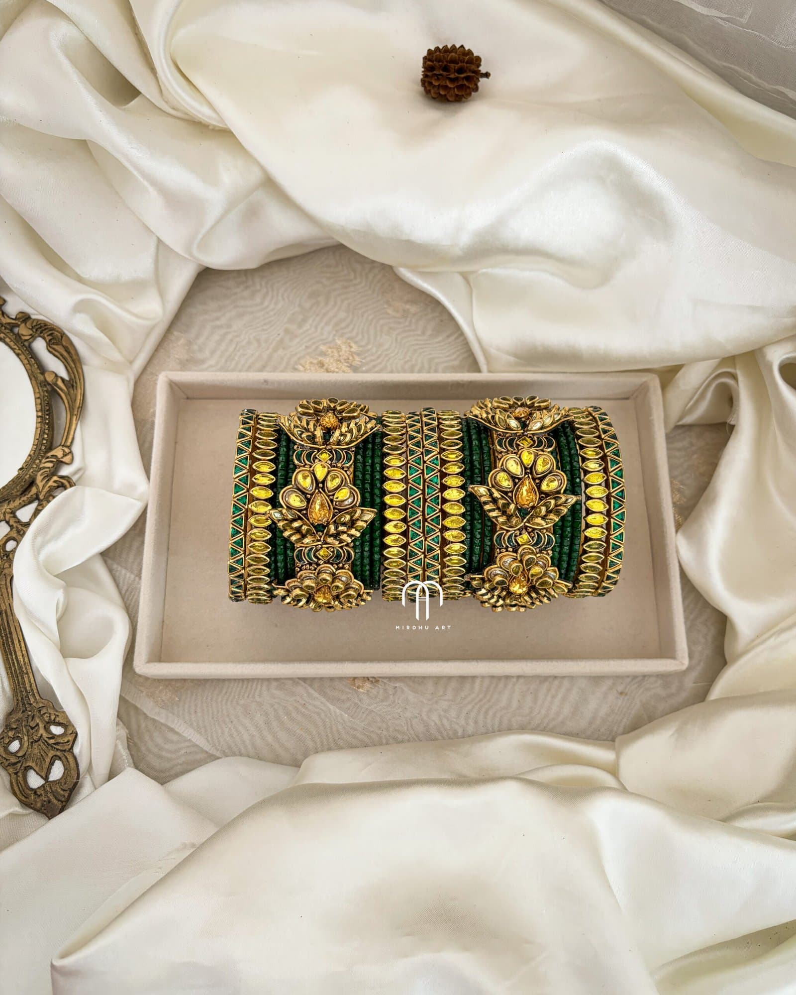 Kundan Bangles -3D Blossom Statement Bangles (Yellow & Green) from Bangle by Choice
