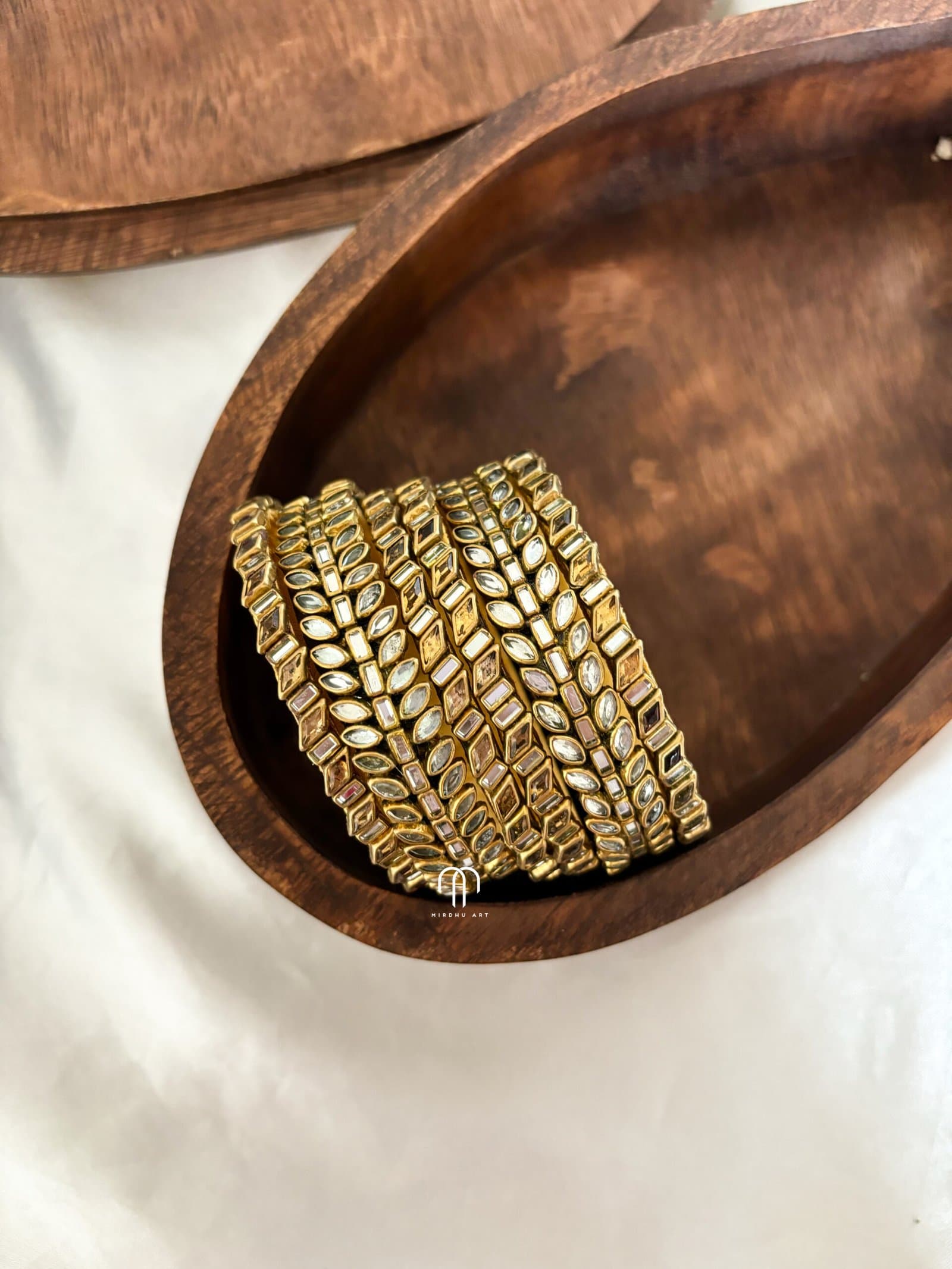 Kundan Bangles – White and Golden stone Simple set (leaf) from Bangle by Choice