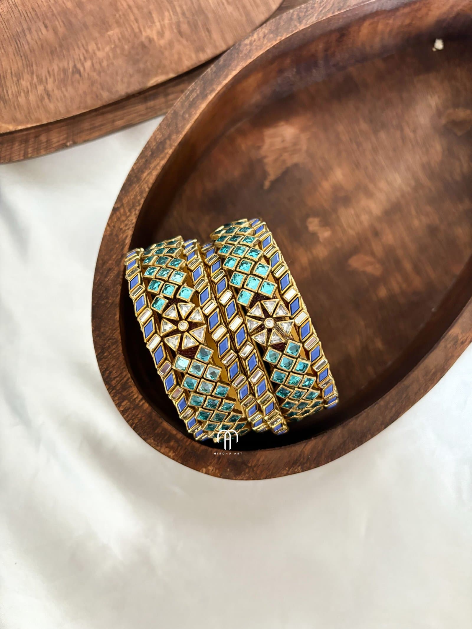 Kundan Bangles – Dark and Light Blue Simple set (Floral) from Bangle by Choice