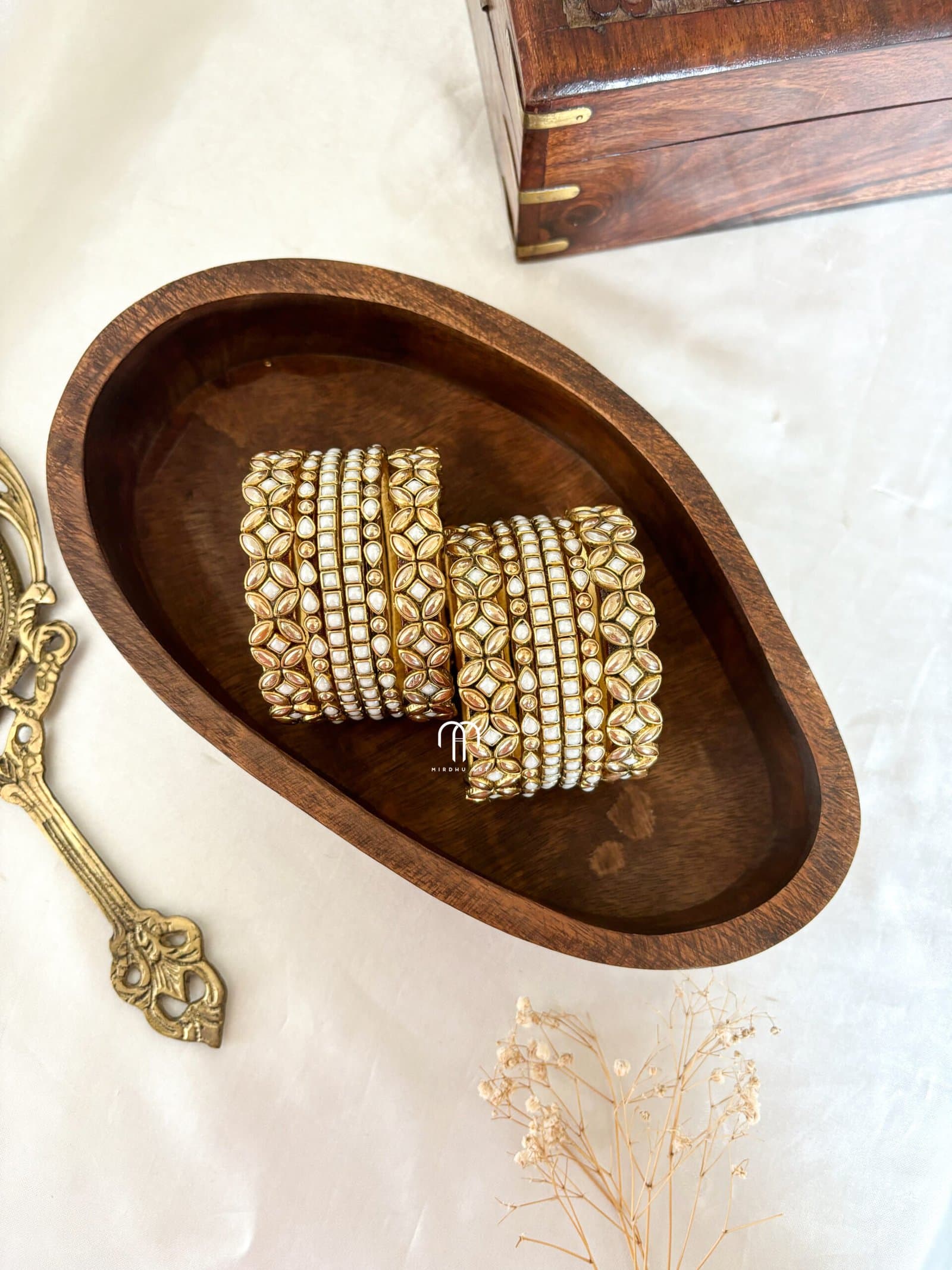 Kundan Bangles – White & Golden Pearl Simple set (Eye) from Bangle by Choice