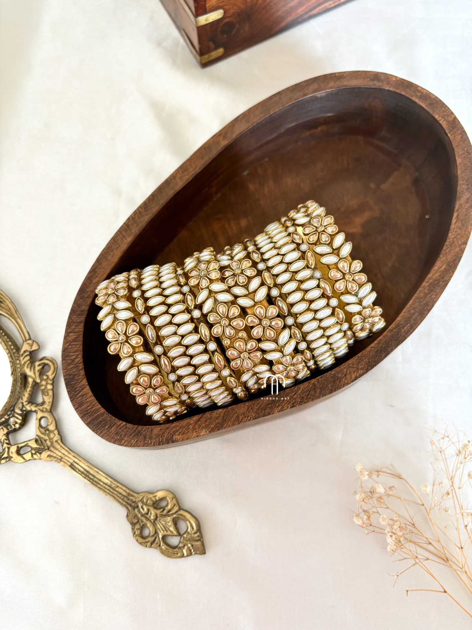 Kundan Bangles – Golden & White Pearl Simple set (flower thilagam) from Bangle by Choice