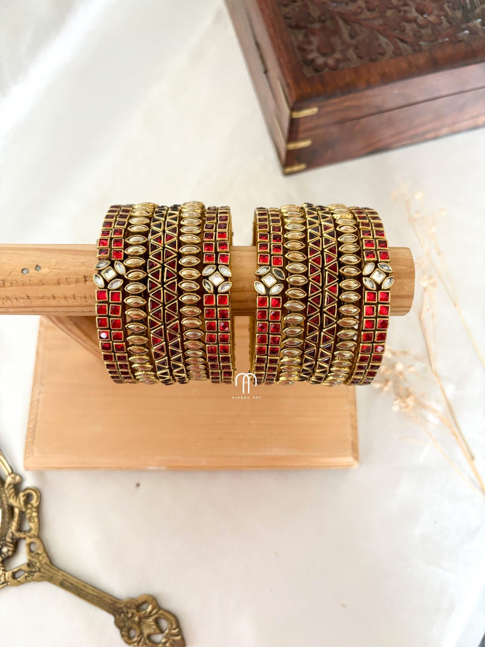 Kundan Bangles – Red & Golden Pearl Simple set (Double line) from Bangle by Choice