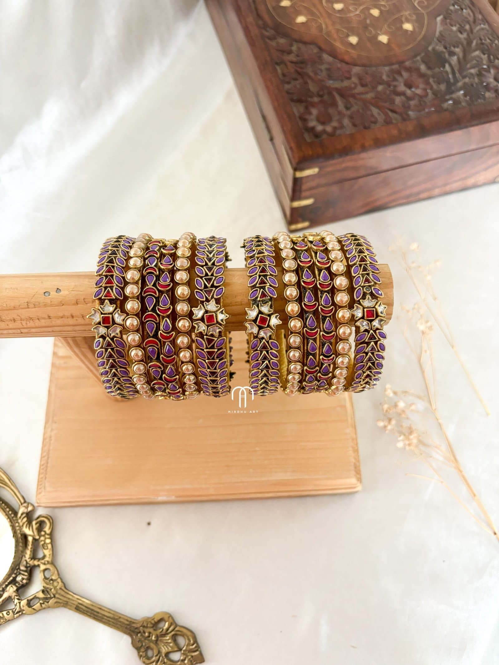 Kundan Bangles – Lavender & Red Simple set (small eye) from Bangle by Choice