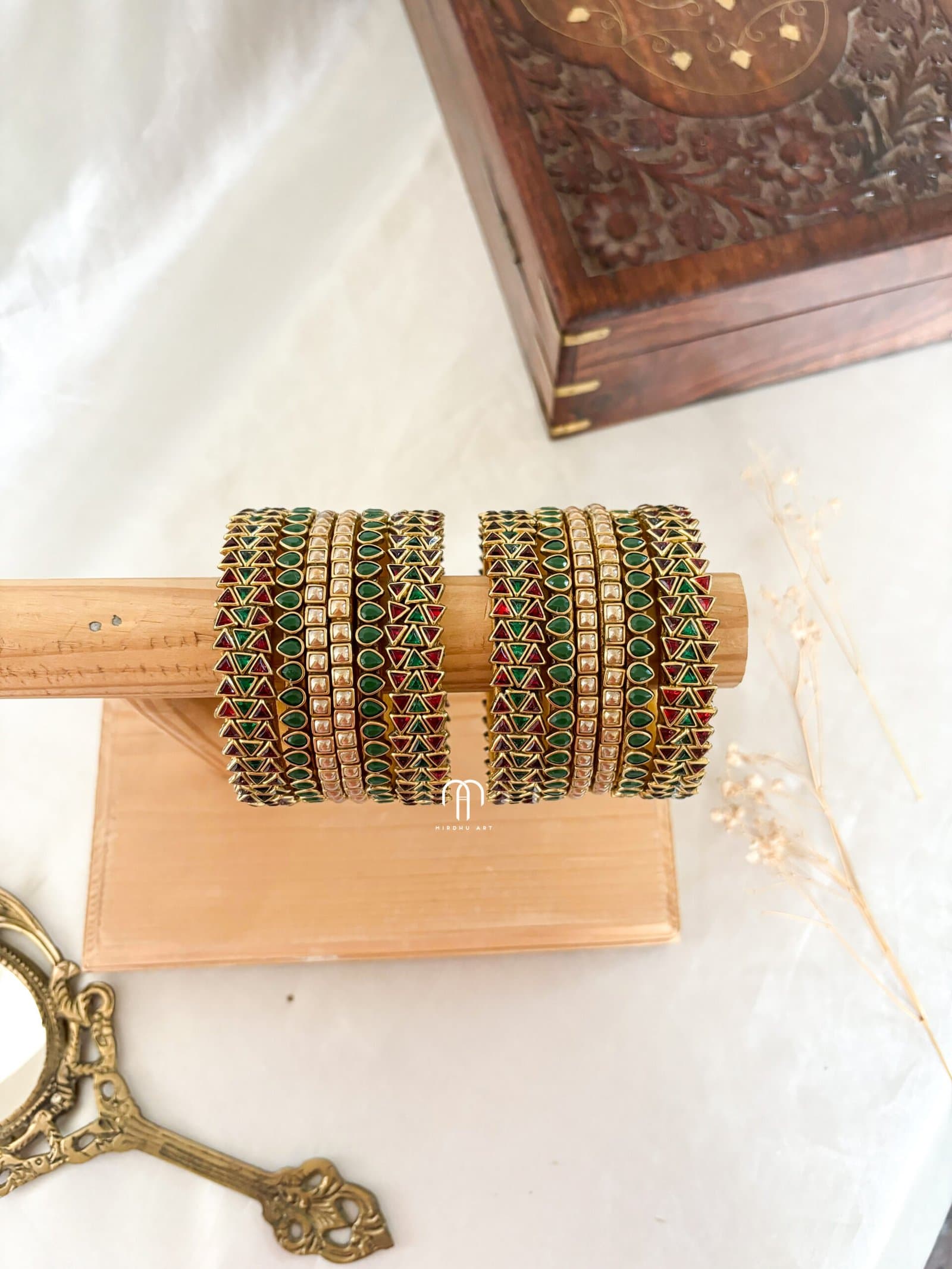 Kundan Bangles – Red, Green & Golden Pearl Simple set (Tri) from Bangle by Choice