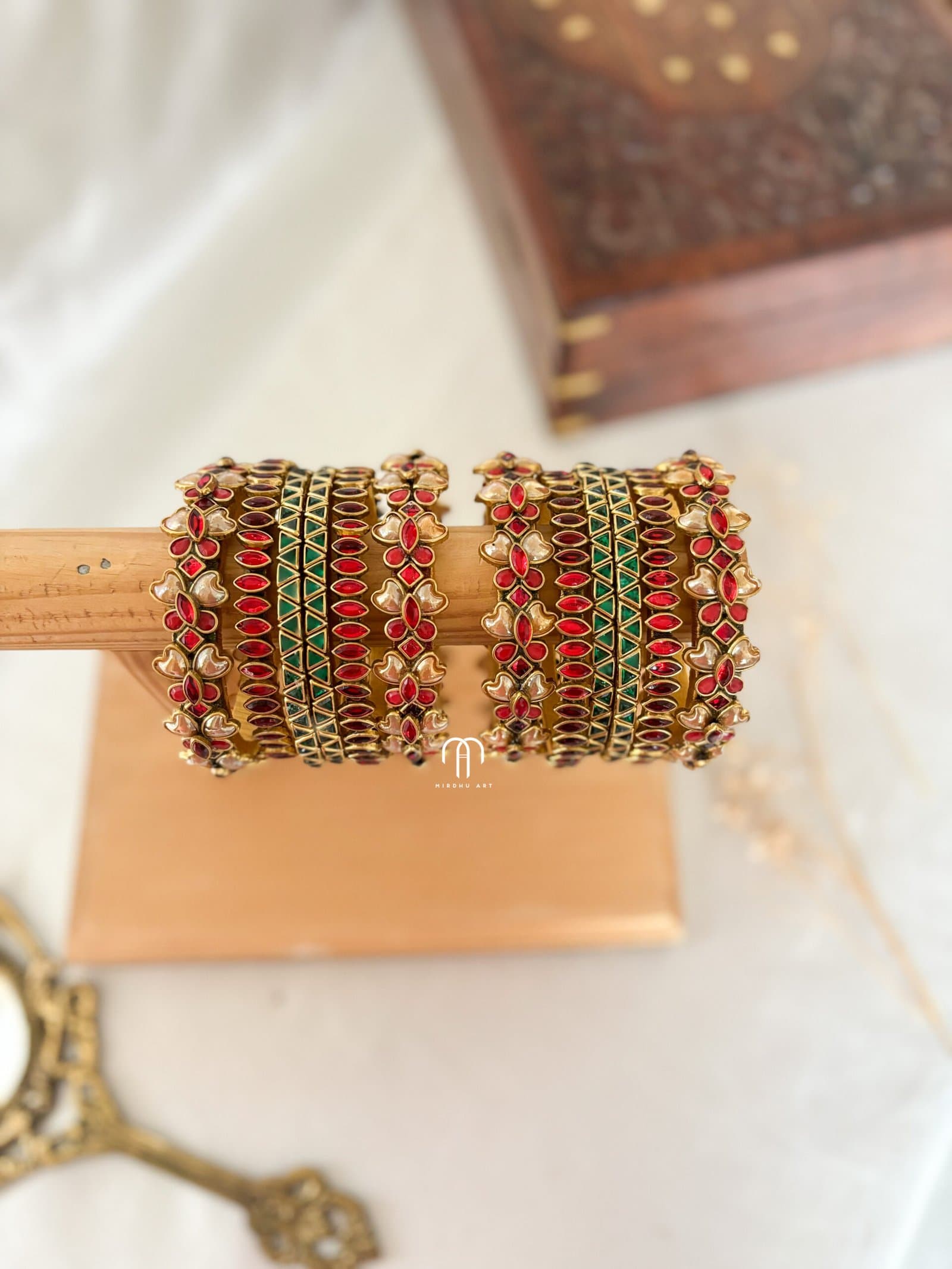 Kundan Bangles – Red, Green & Golden pearl Butterfly set from Bangle by Choice