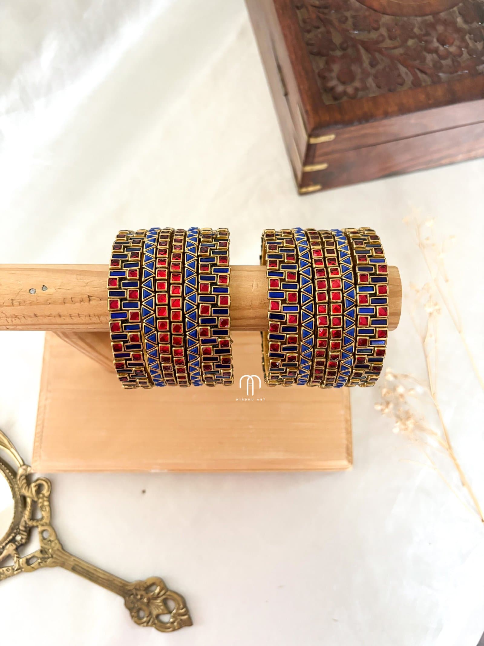 Kundan Bangles – Red & Royal Blue Simple set (Rectangle) from Bangle by Choice