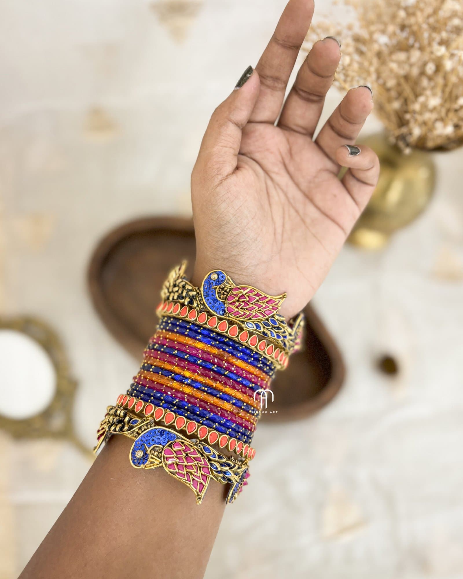 Kundan Bangles – Parrot style Bangles (Royal blue, Rani Pink, Orange) from Bangle by Choice