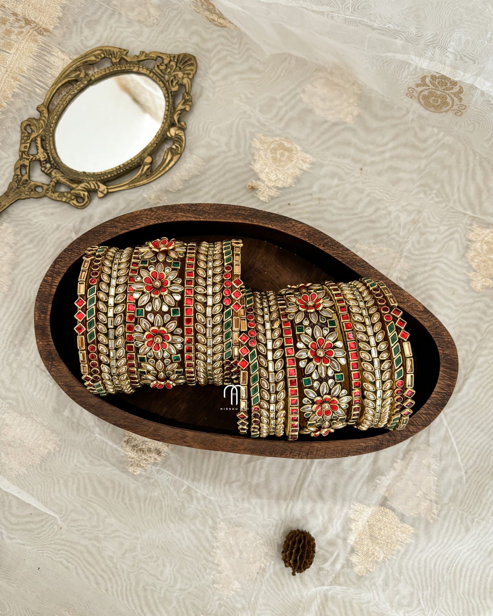 Kundan Bangles – Flower (Red, Golden Pearl & Green) from Bangle by Choice