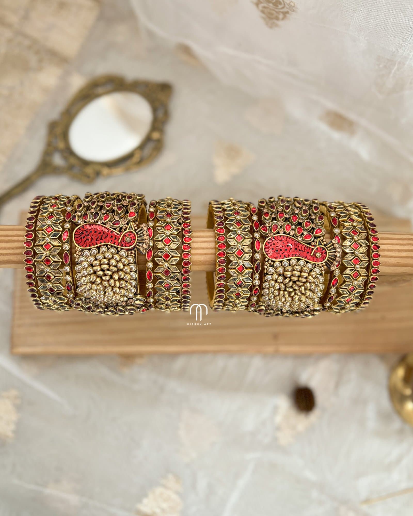 Kundan Bangles – Peacock Style Bangles (Red & Golden Pearl) from Bangle by Choice