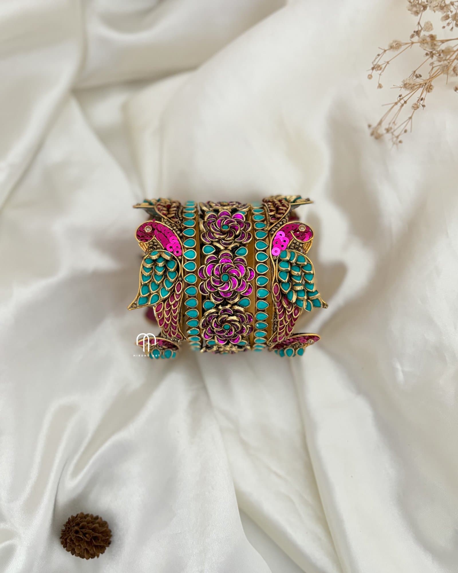 Kundan Bangles – Parrot style Bangles (Turquoise green & Rani Pink) from Bangle by Choice