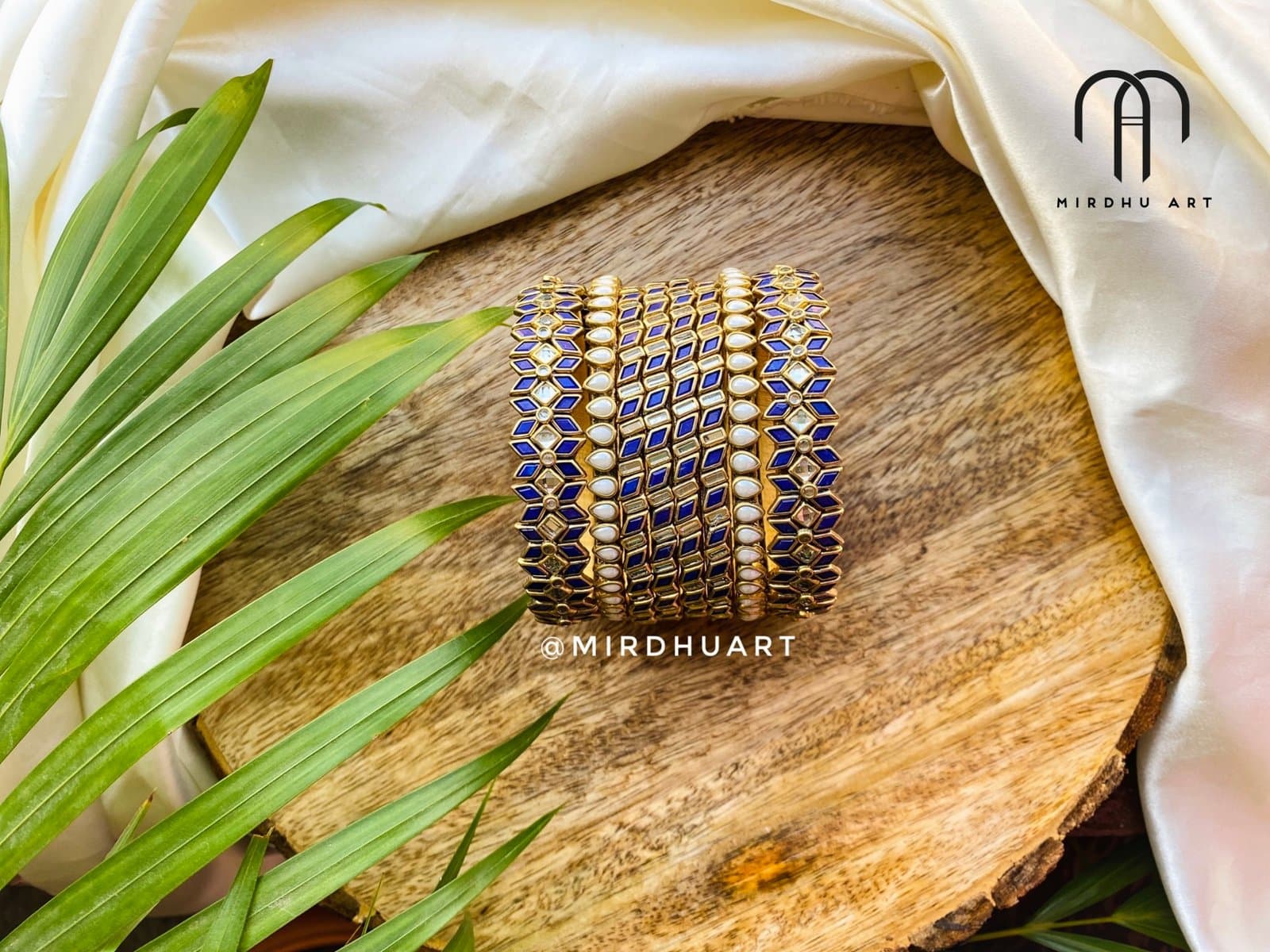 Kundan Bangles – Royal Blue & White pearl (Two hands) from Bangle by Choice