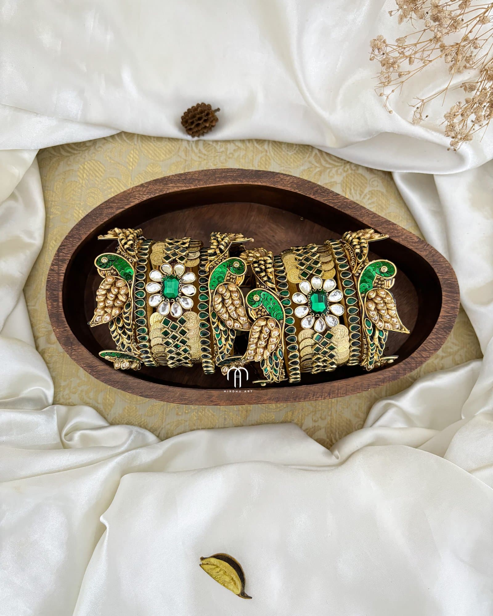 Kundan Bangles – Green and Golden Parrot Style Set from Bangle by Choice