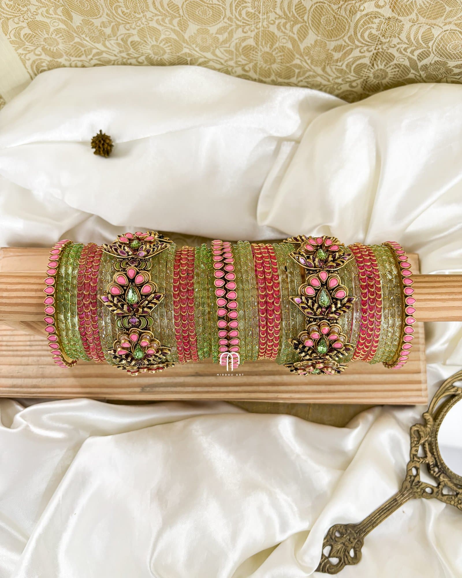 Kundan Bangles -3D Blossom Statement Bangles (Baby Pink & Pista Green) from Bangle by Choice