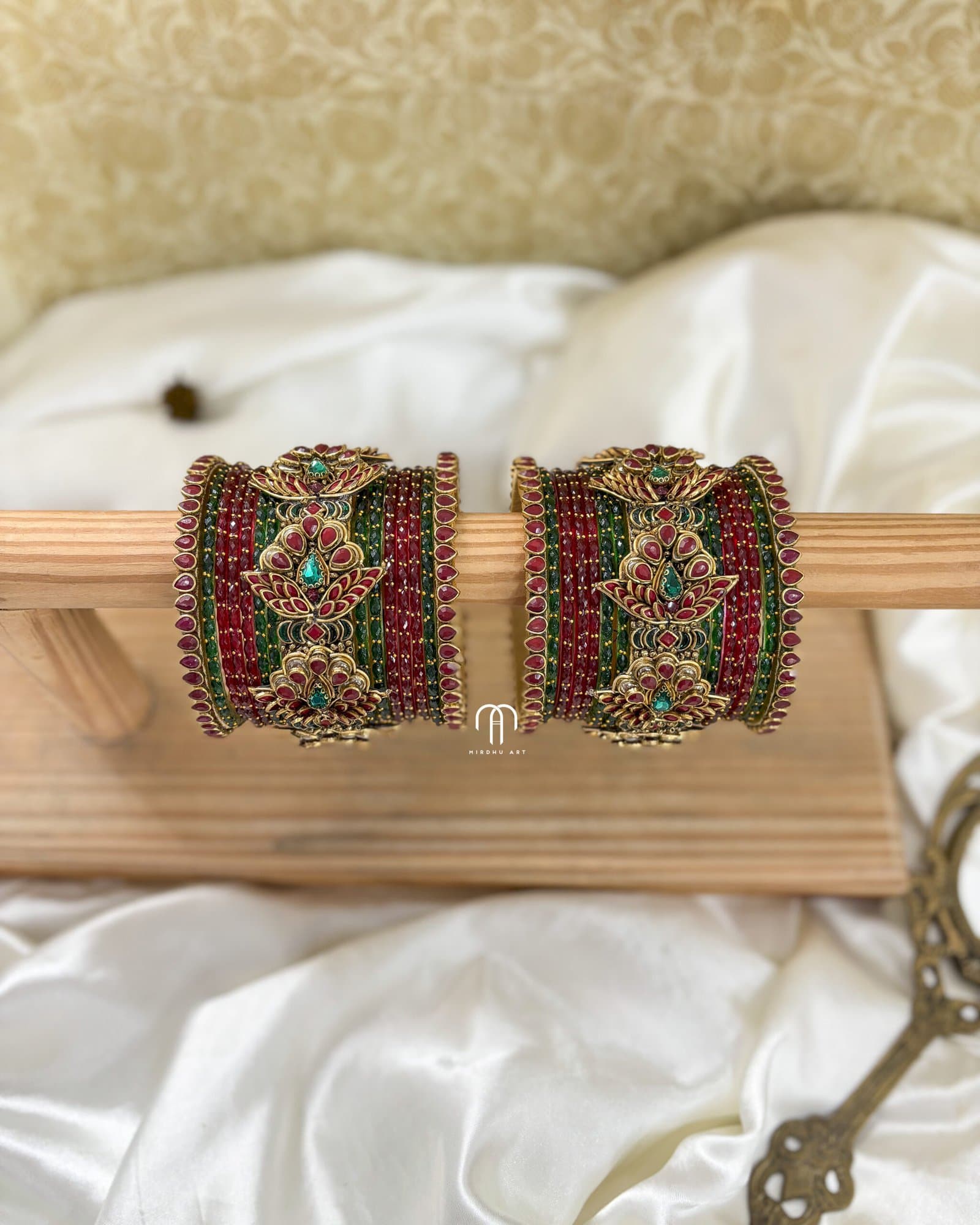 Kundan Bangles -3D Blossom Statement Bangles (Maroon & Green) from Bangle by Choice