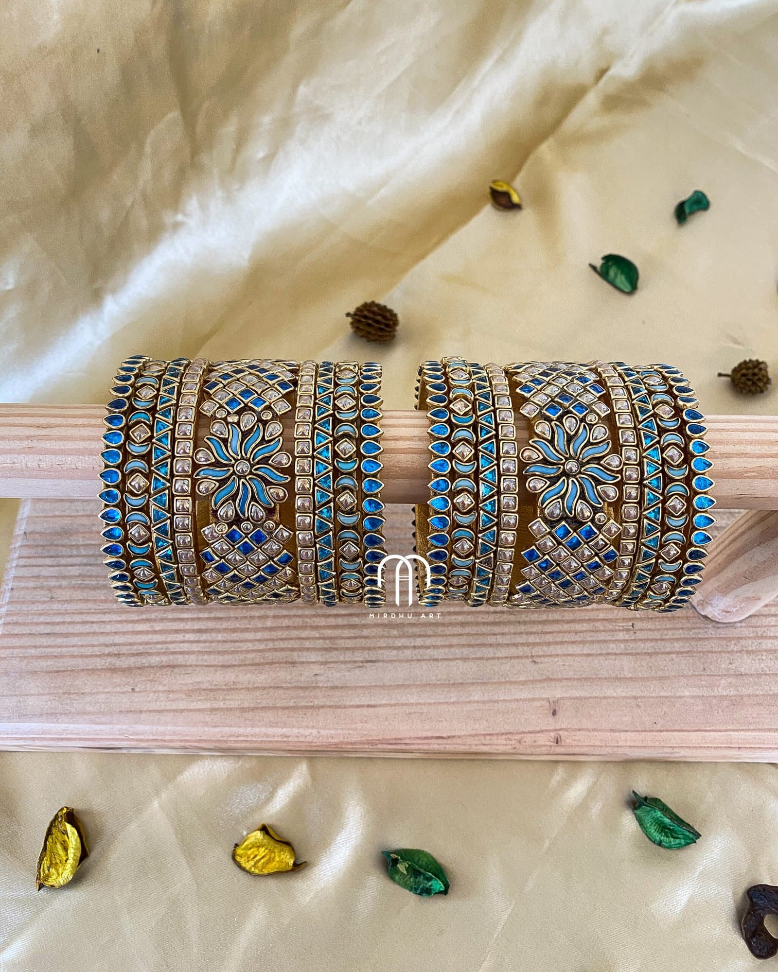 Kundan Bangles – Krishna Blue S & Golden Pearl ( V -Model Jumbo kada) Set from Bangle by Choice