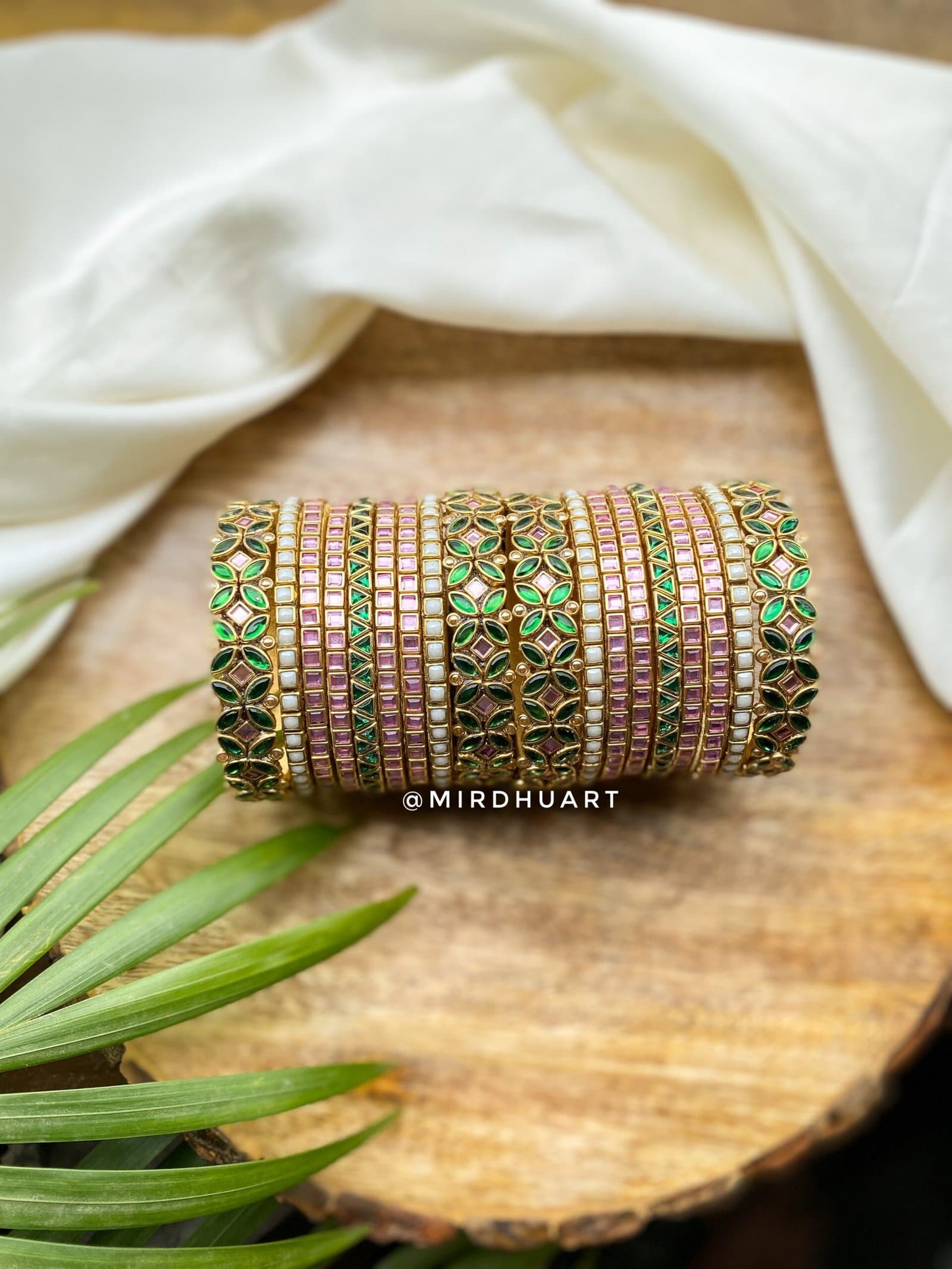 Kundan Bangles – Dark Green & Light Baby pink (eye model) from Bangle by Choice