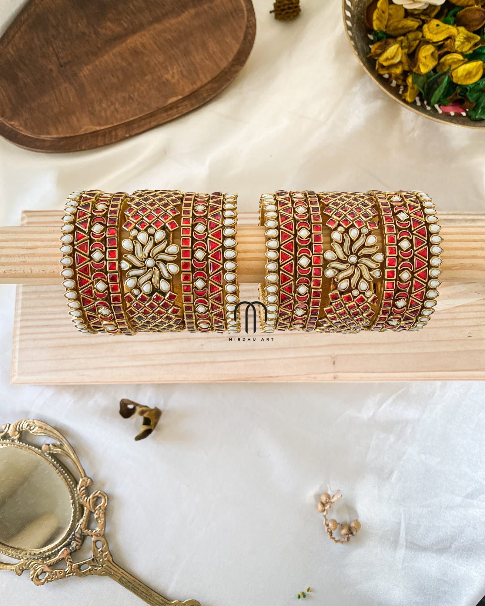 Kundan Bangles – Red And White Pearl( V -Model Jumbo kada) Set from Bangle by Choice