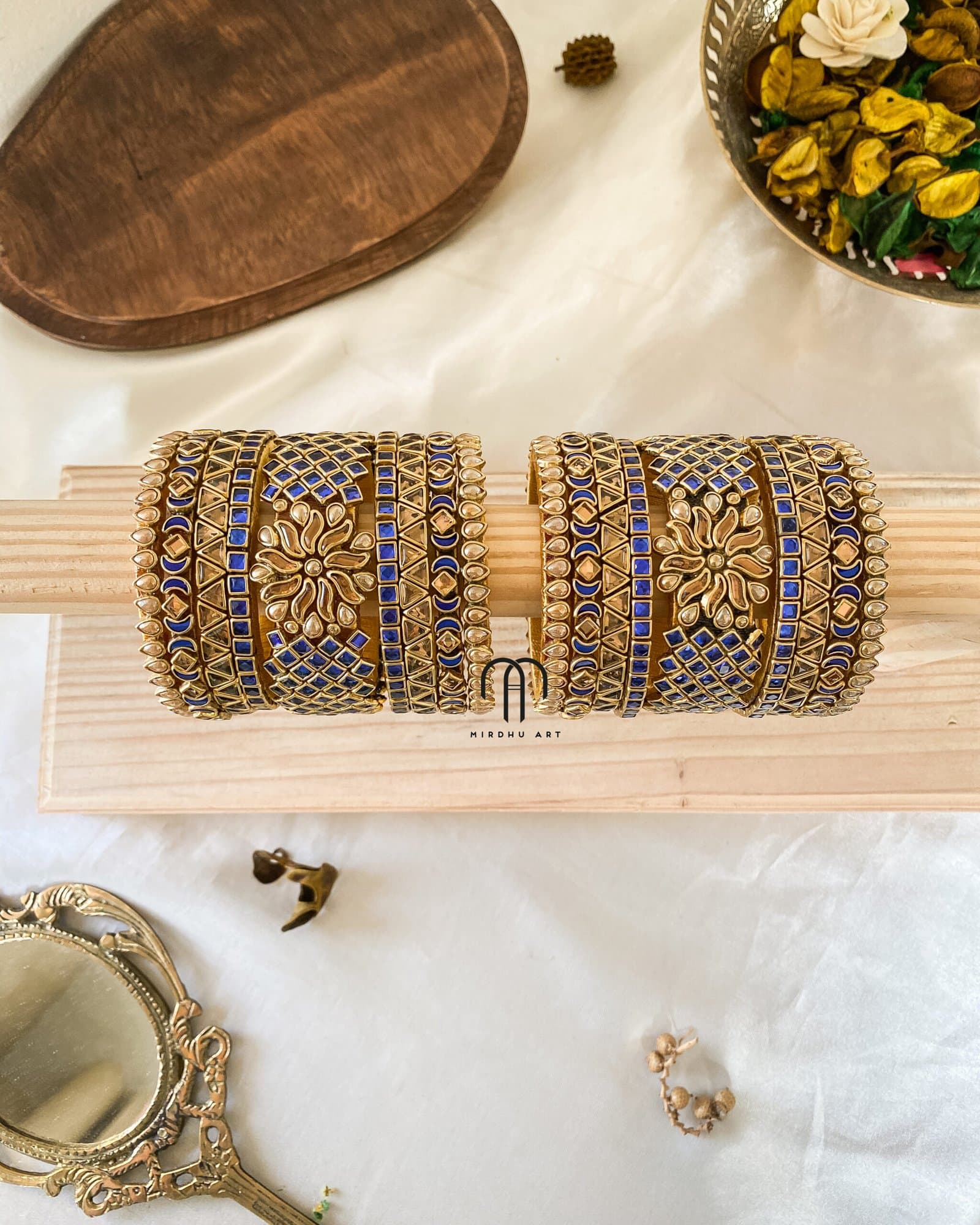 Kundan Bangles – Royal Blue And Golden ( V -Model Jumbo kada) Set from Bangle by Choice