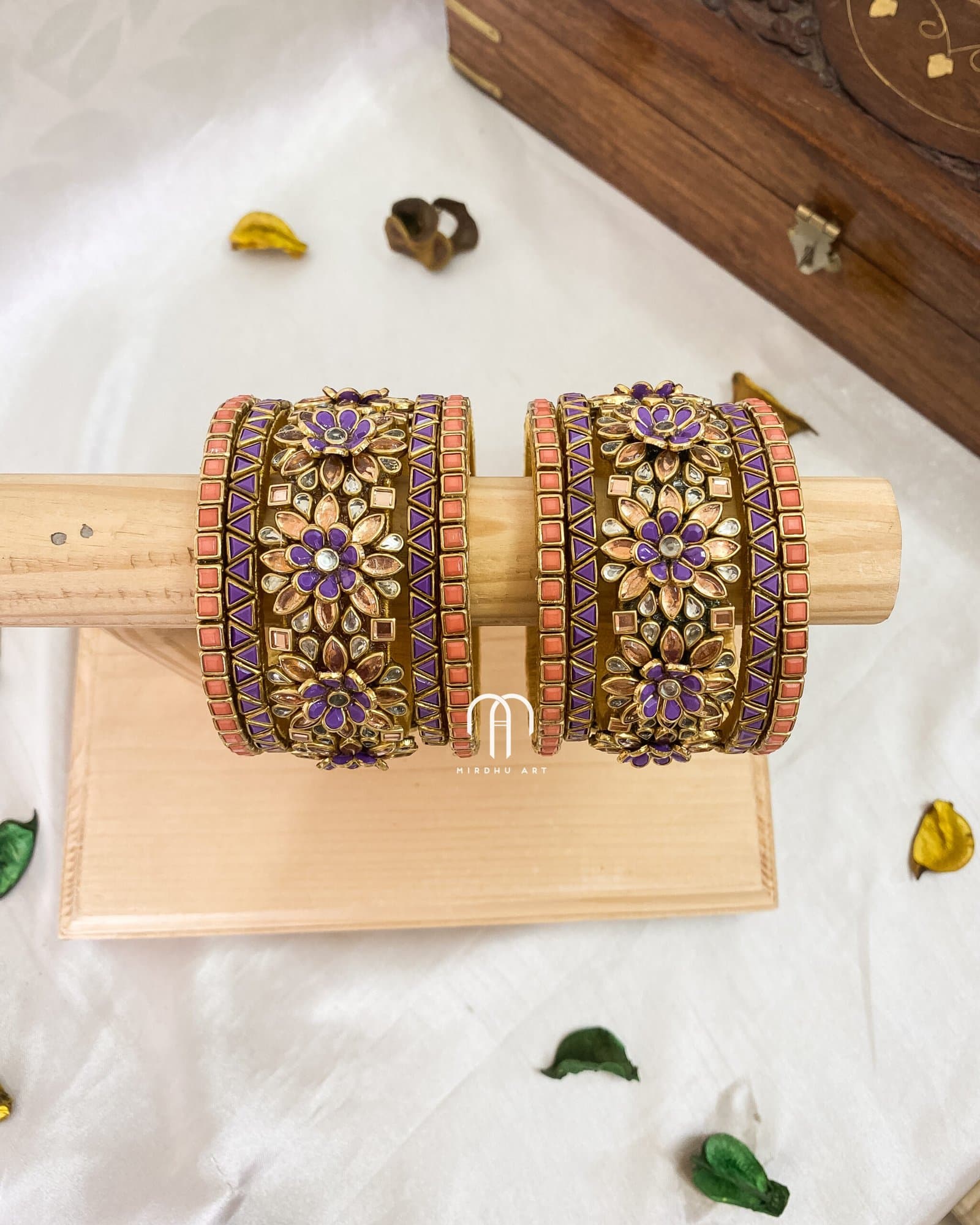Kundan Bangles – Flower Simple Set (Peach & Purple ) from Bangle by Choice