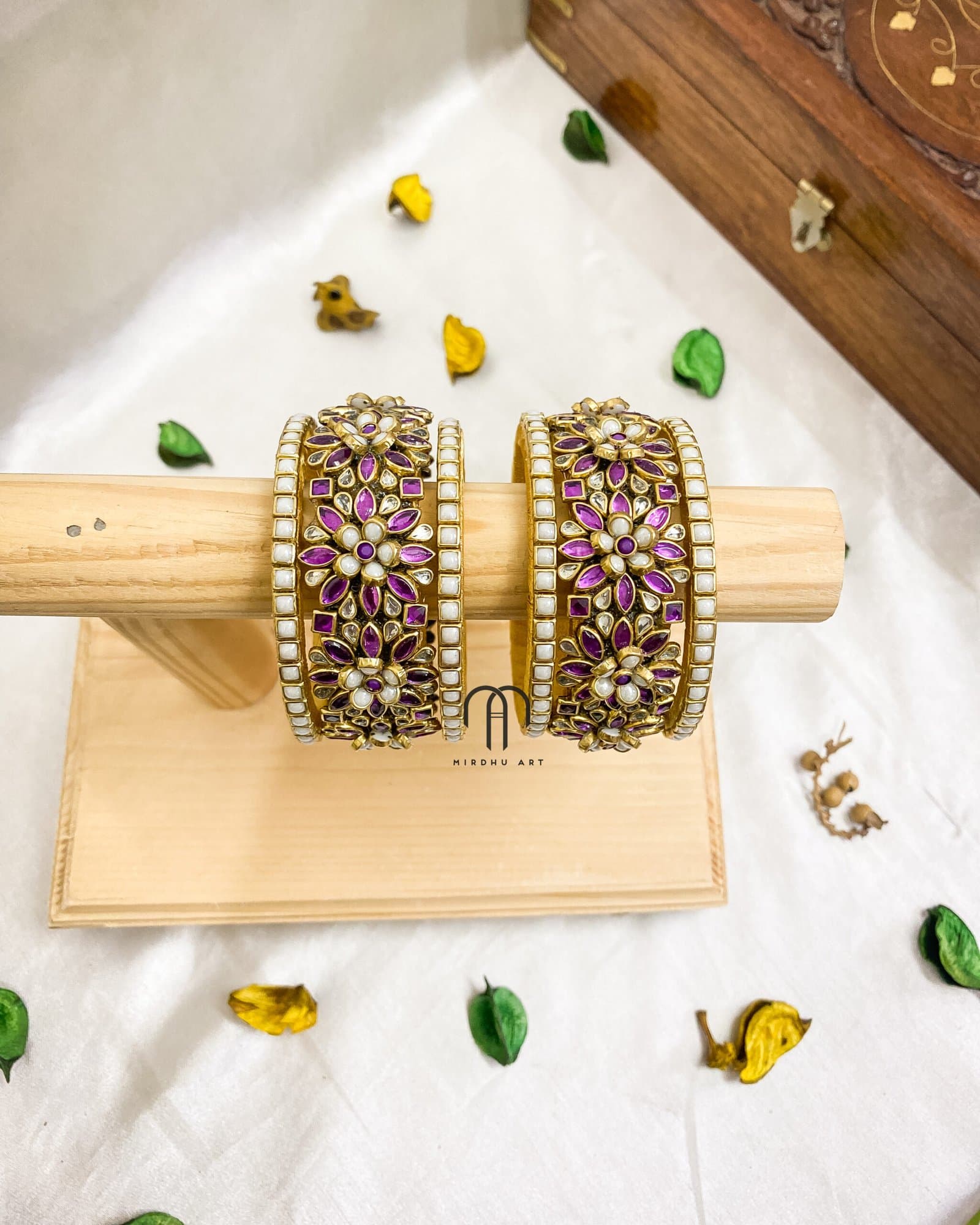 Kundan Bangles – Flower Simple Set (White & Purple ) from Bangle by Choice