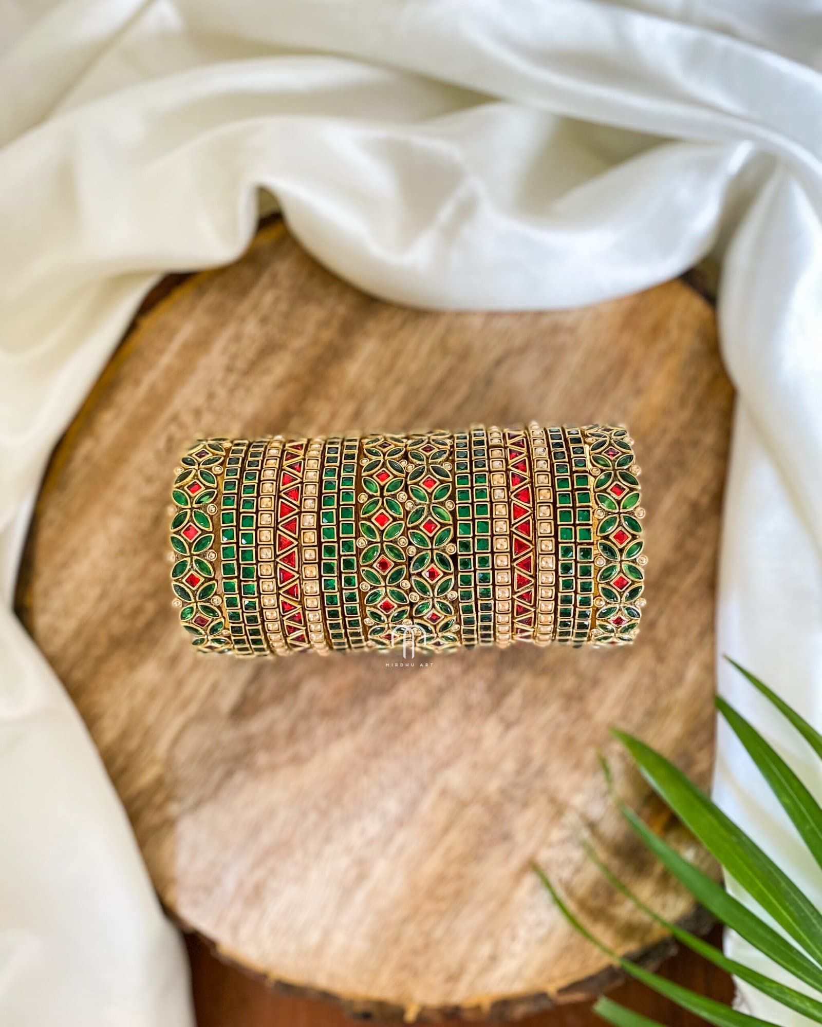 Kundan Bangles – Dark Green, Red & golden pearl (Eye model) from Bangle by Choice