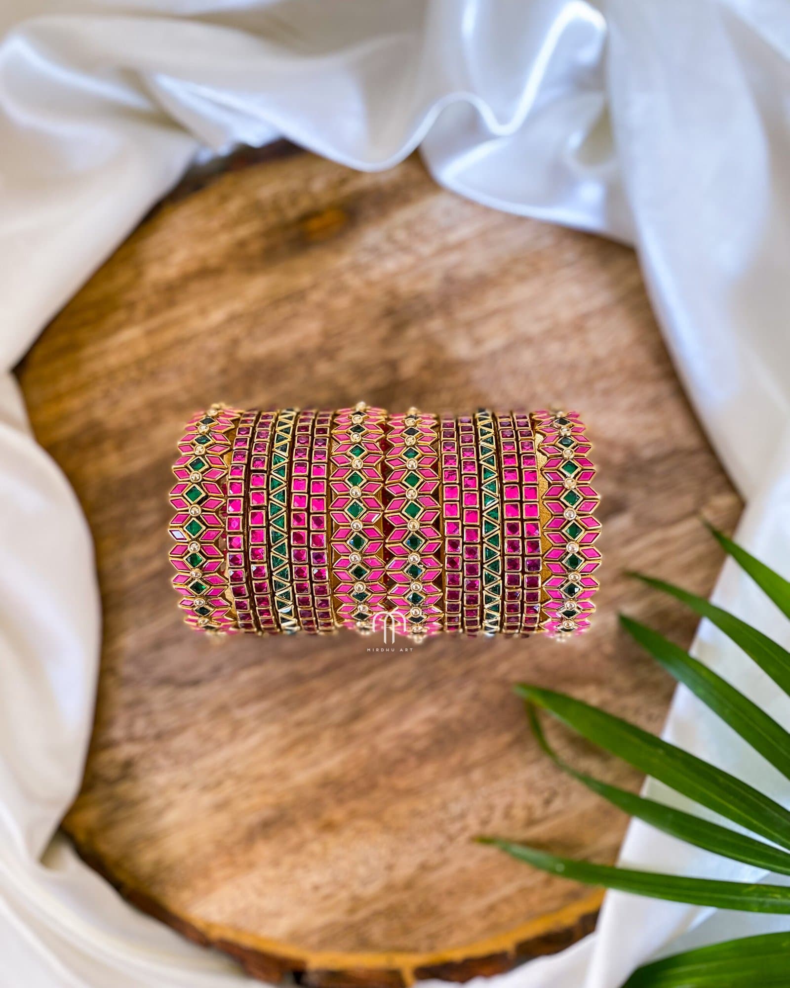 Kundan Bangles – Rani Pink & Green (Zigzag Kada model) from Bangle by Choice
