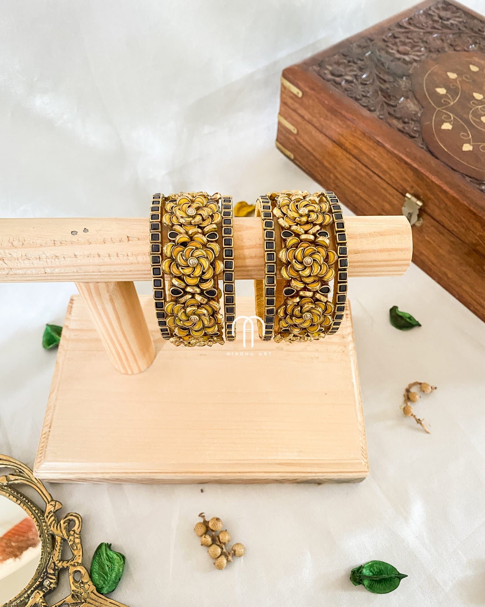 Kundan Bangles – Black And Mango Yellow Set from Bangle by Choice