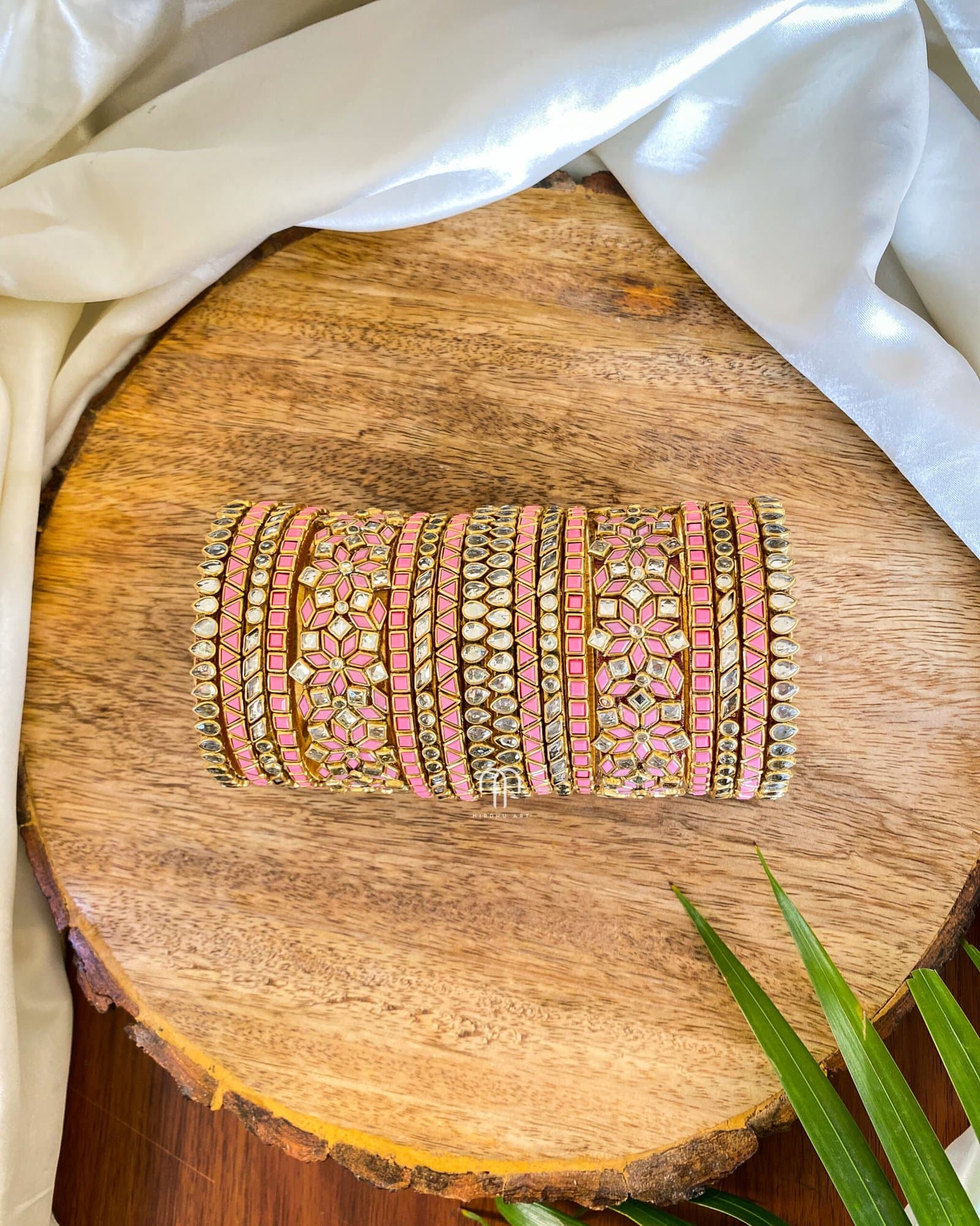 Kundan Bangles – Baby Pink & white Stone (Zigzag model) from Bangle by Choice