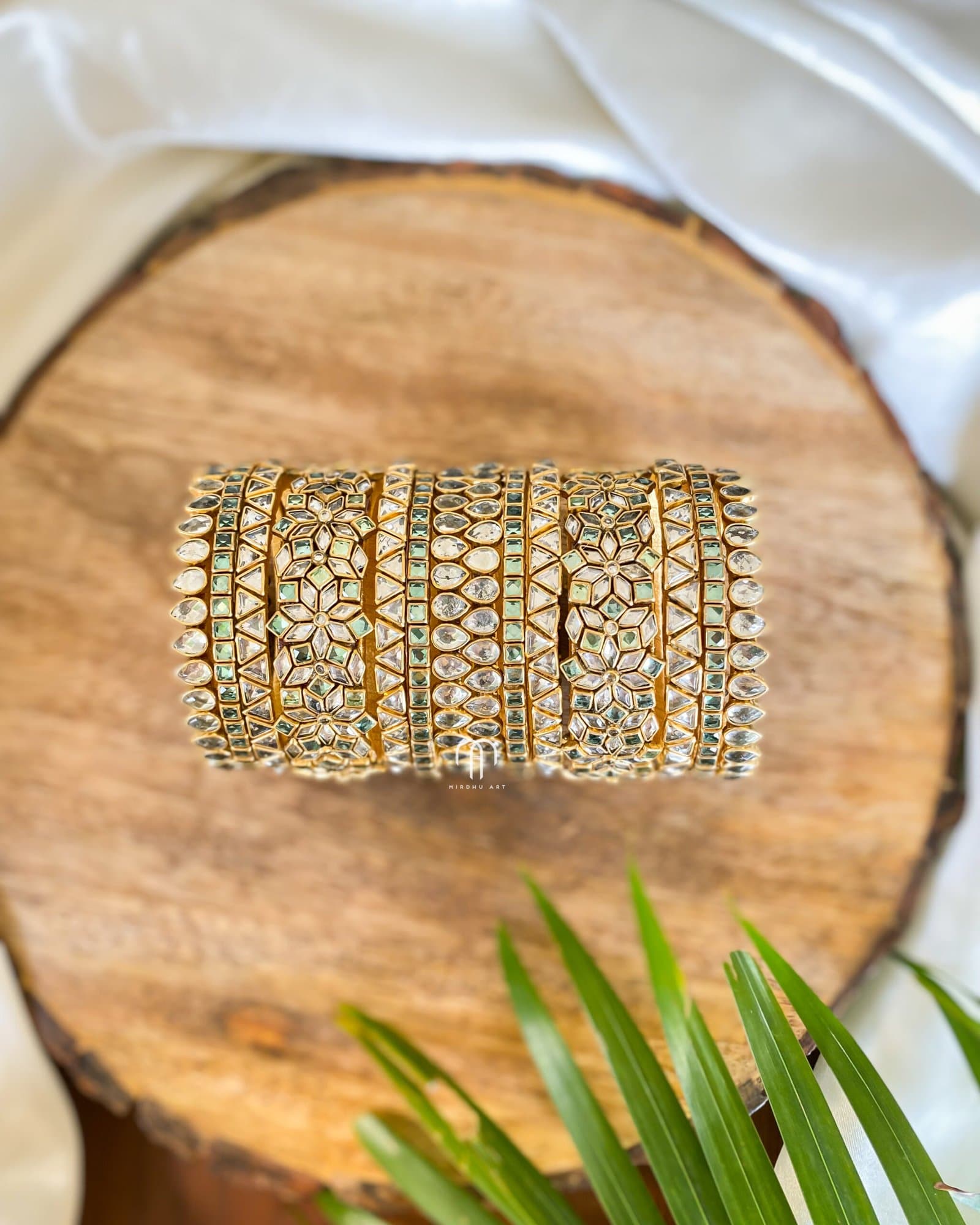 Kundan Bangles – White Stone & Sea Green (Zigzag model) from Bangle by Choice
