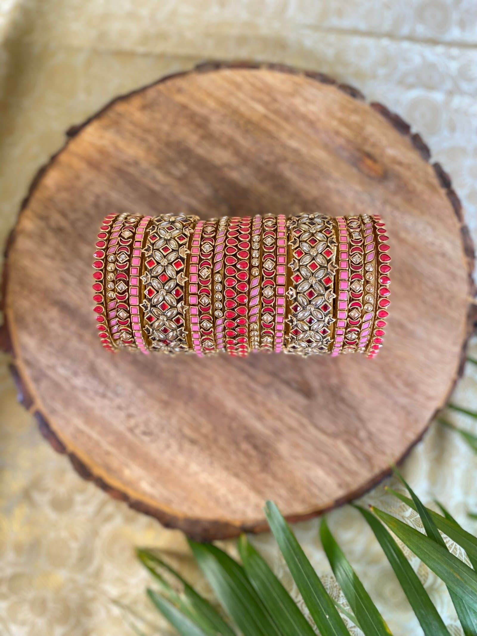 Kundan Bangles – Baby Pink, Red & Golden Pearl (Eye model) from Bangle by Choice