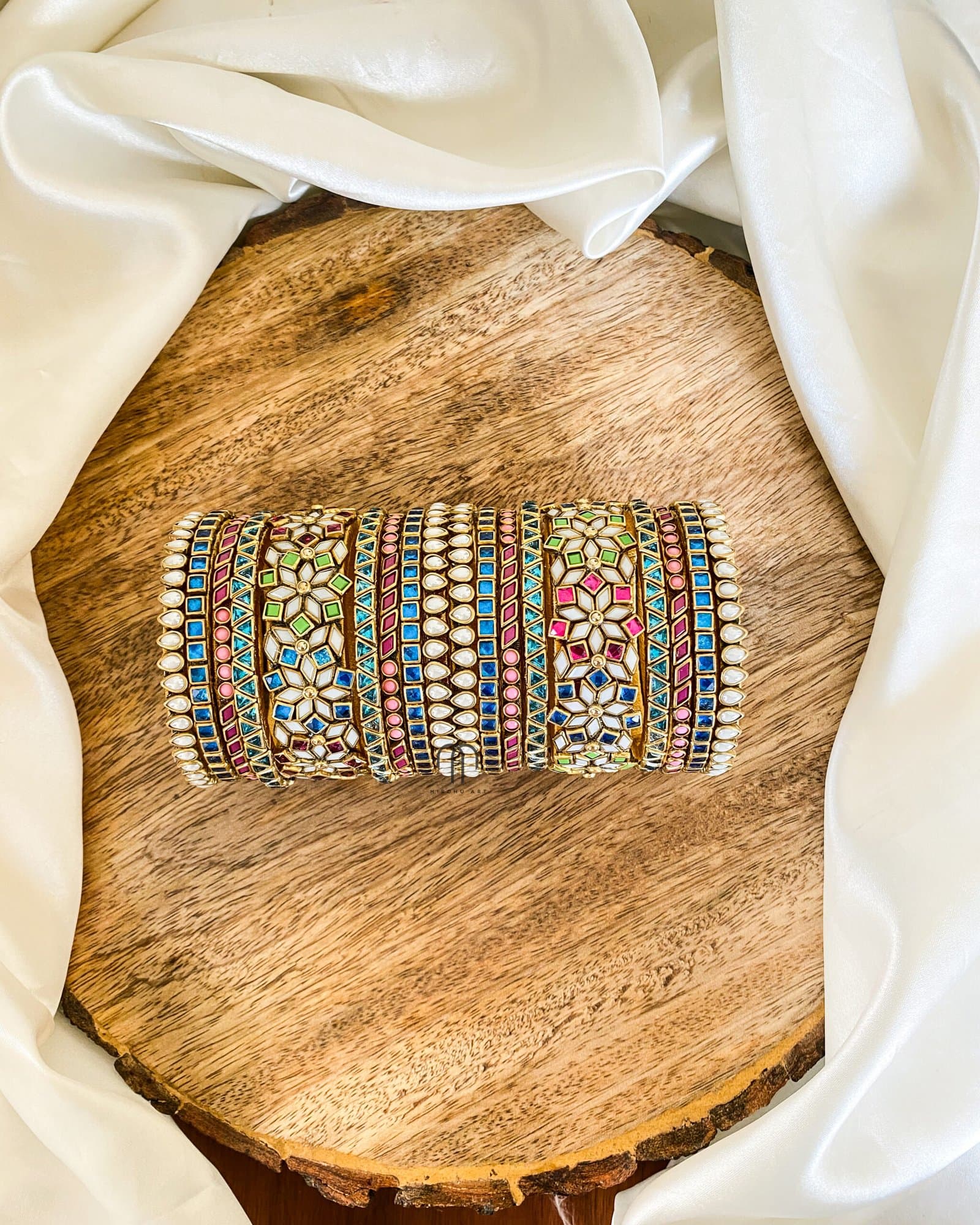 Kundan Bangles – Krishna blue, Parrot green, Rani pink & white pearl (Zigzag model) from Bangle by Choice