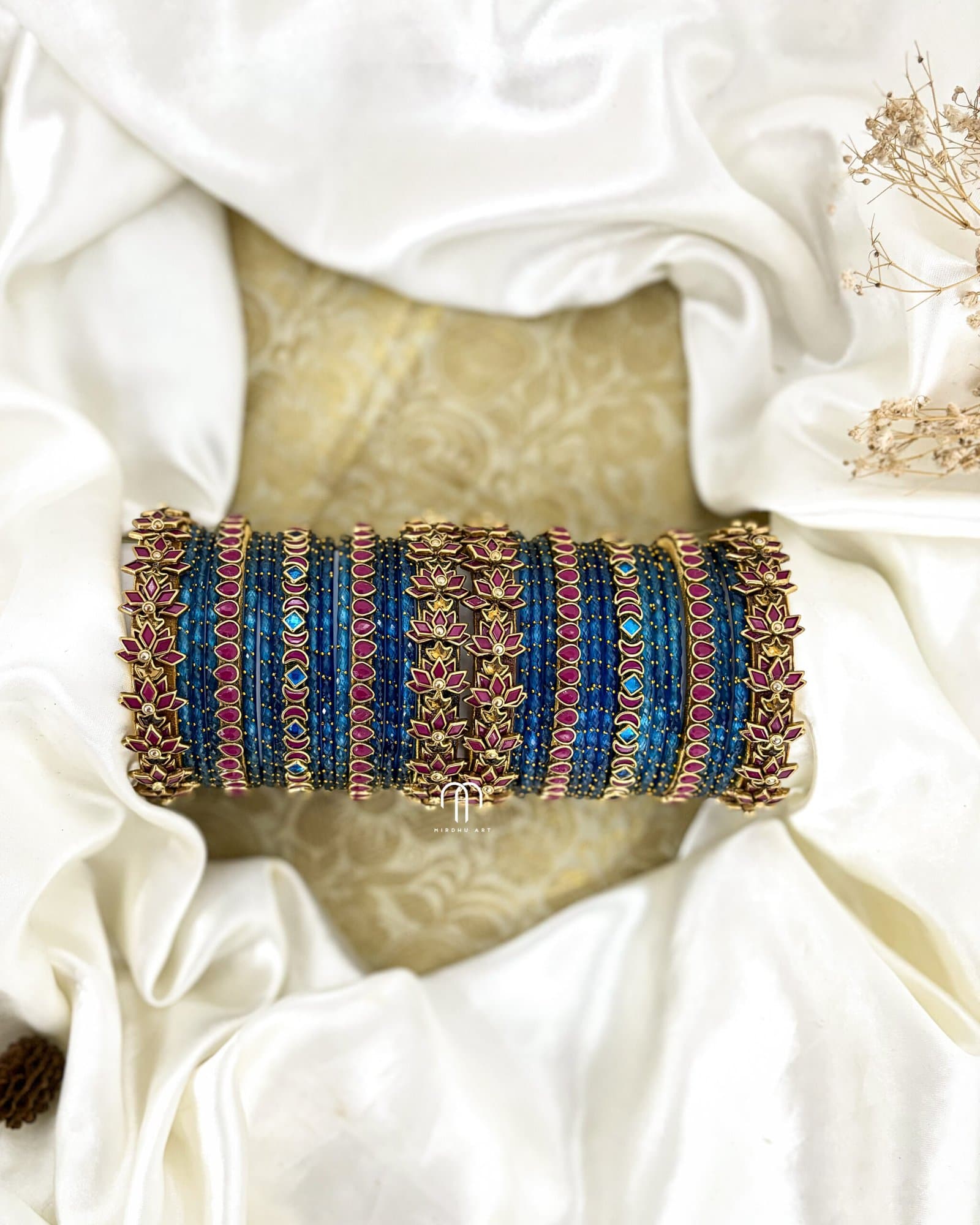 Kundan Bangles – Mezanta Pink and Krishna blue Lotus kada set with glass bangles from Bangle by Choice