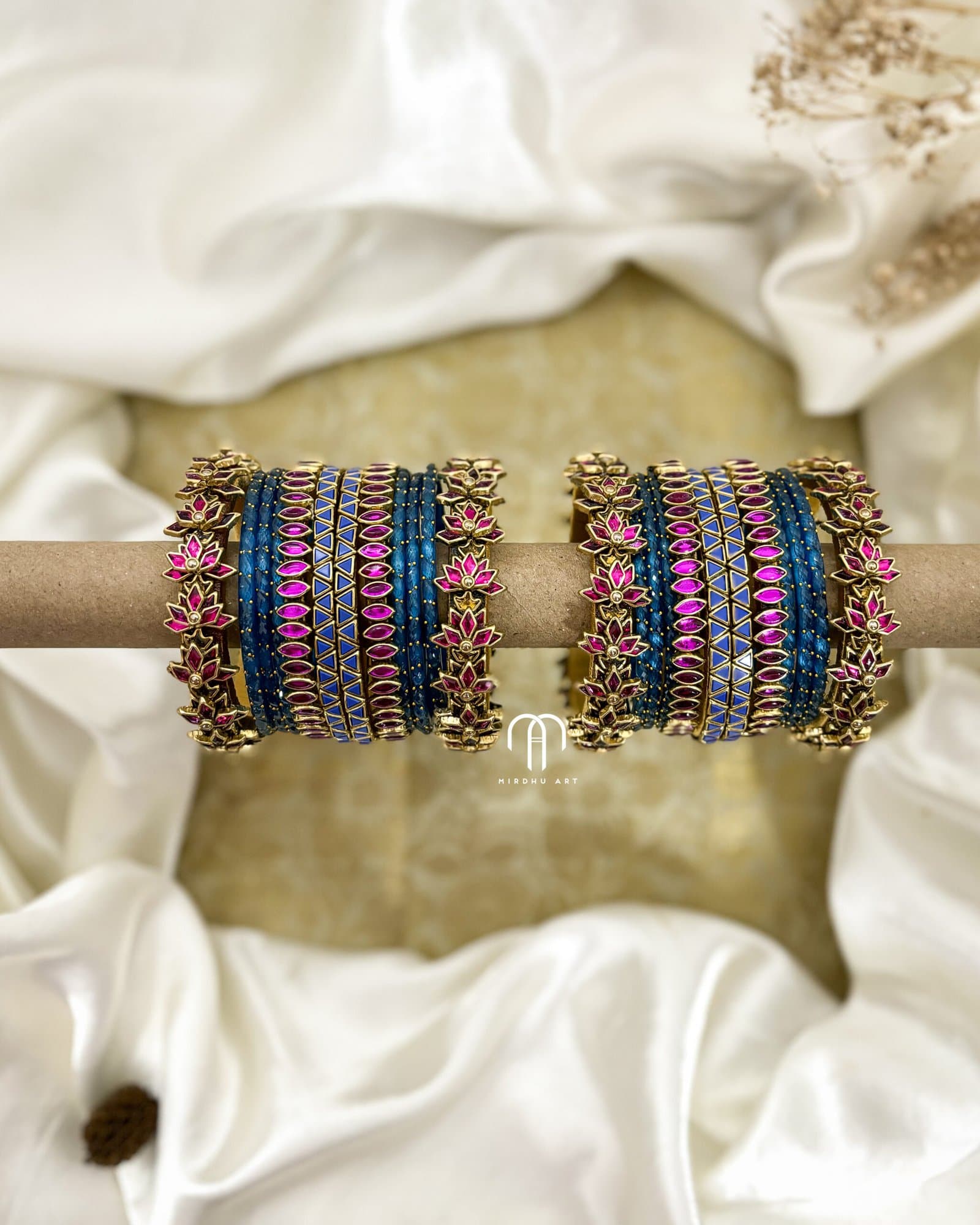 Kundan Bangles – Rani Pink and Krishna blue Lotus kada set with glass bangles from Bangle by Choice