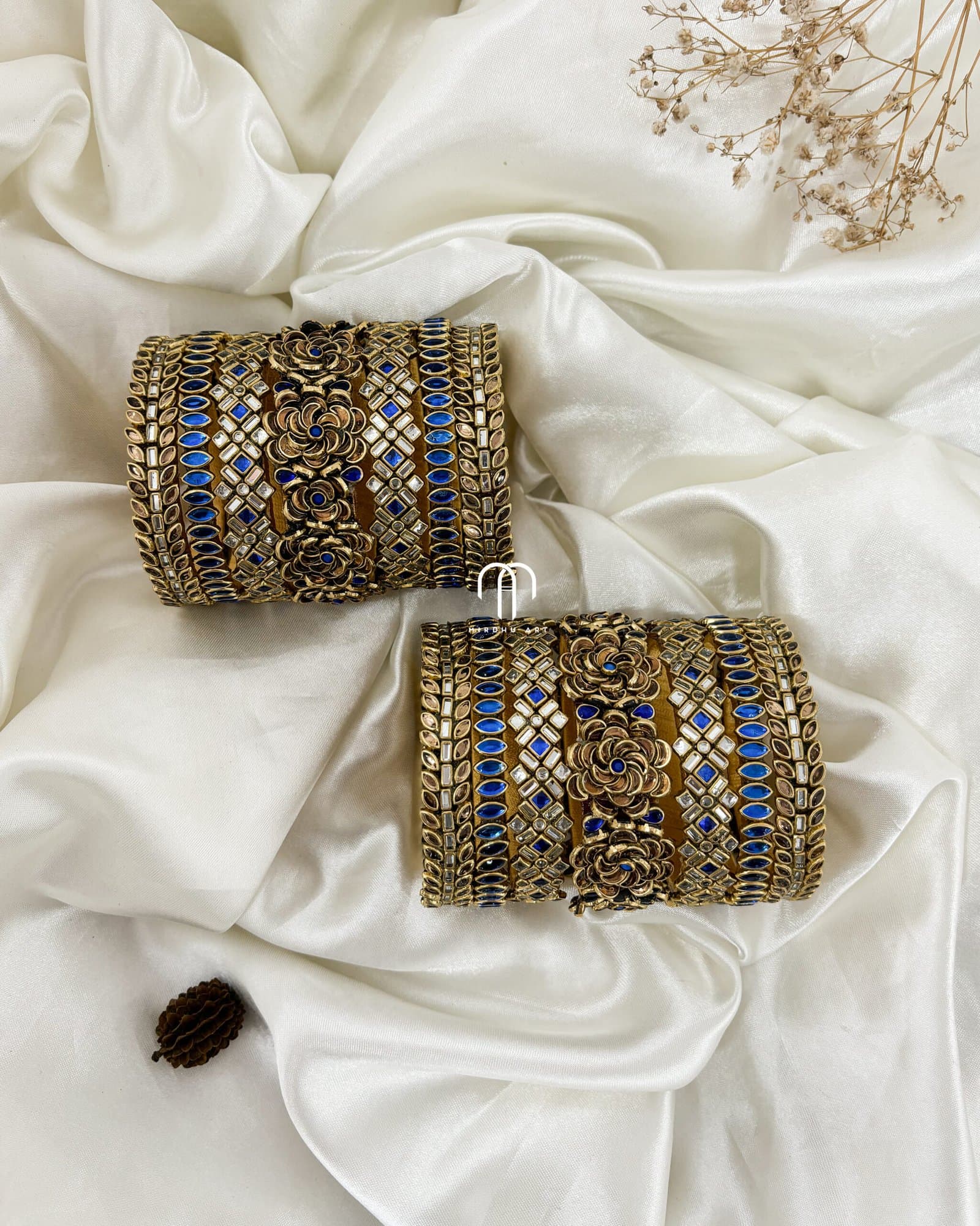 Kundan Bangles – White , Royal blue & Golden Stone combination (rose) Bangles from Bangle by Choice