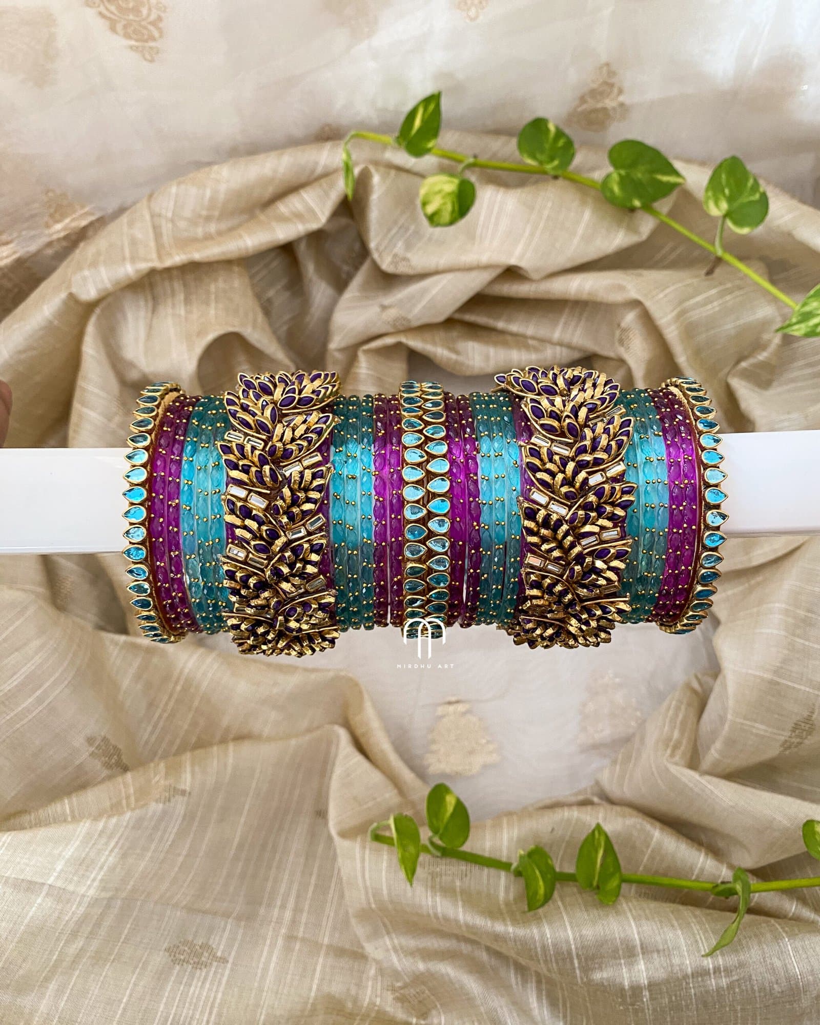 Kundan Bangles – Leaf Style (Purple and Sky blue) from Bangle by Choice