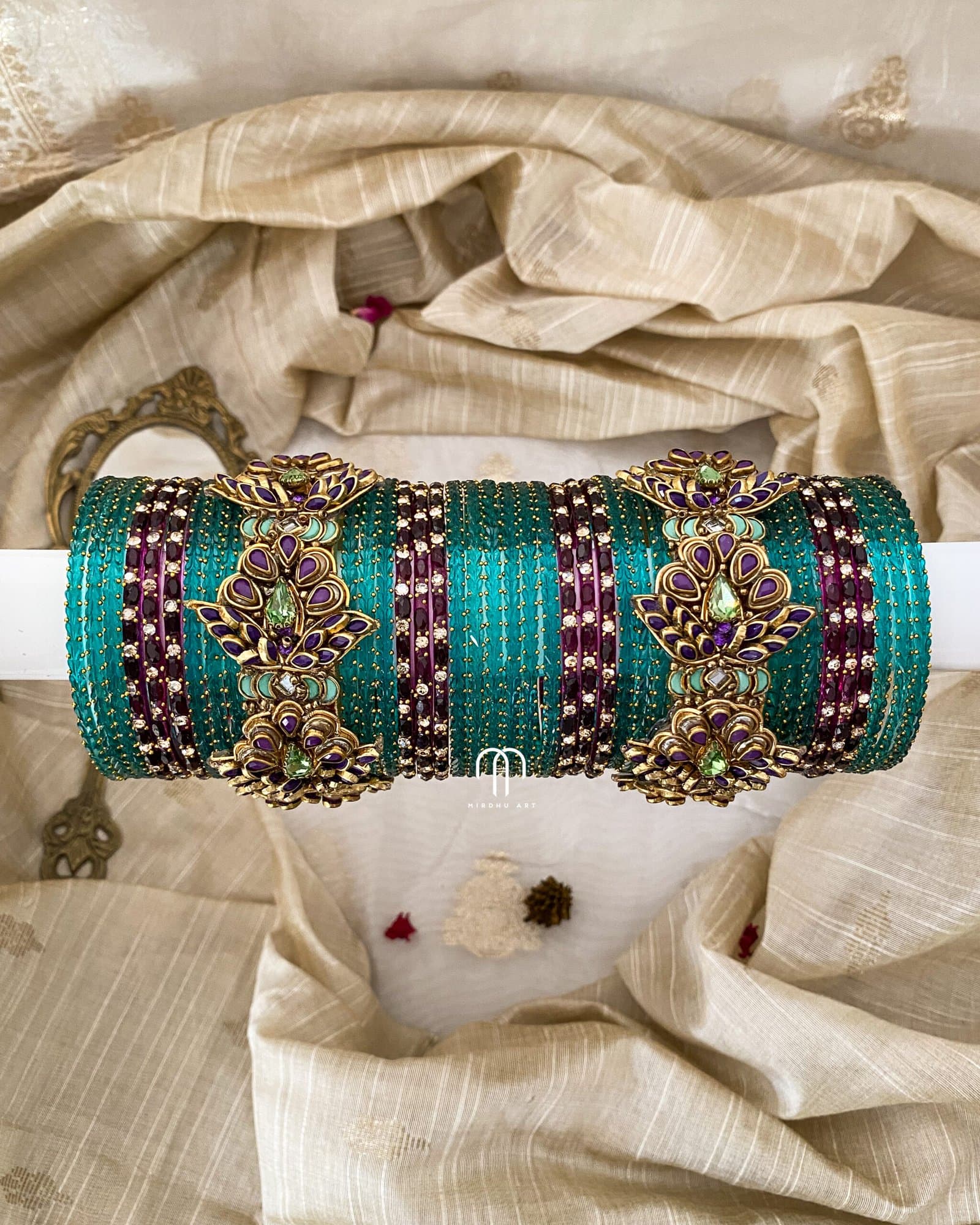 Kundan Bangles -3D Blossom Statement Bangles (Dark Turquoise & Purple) from Bangle by Choice